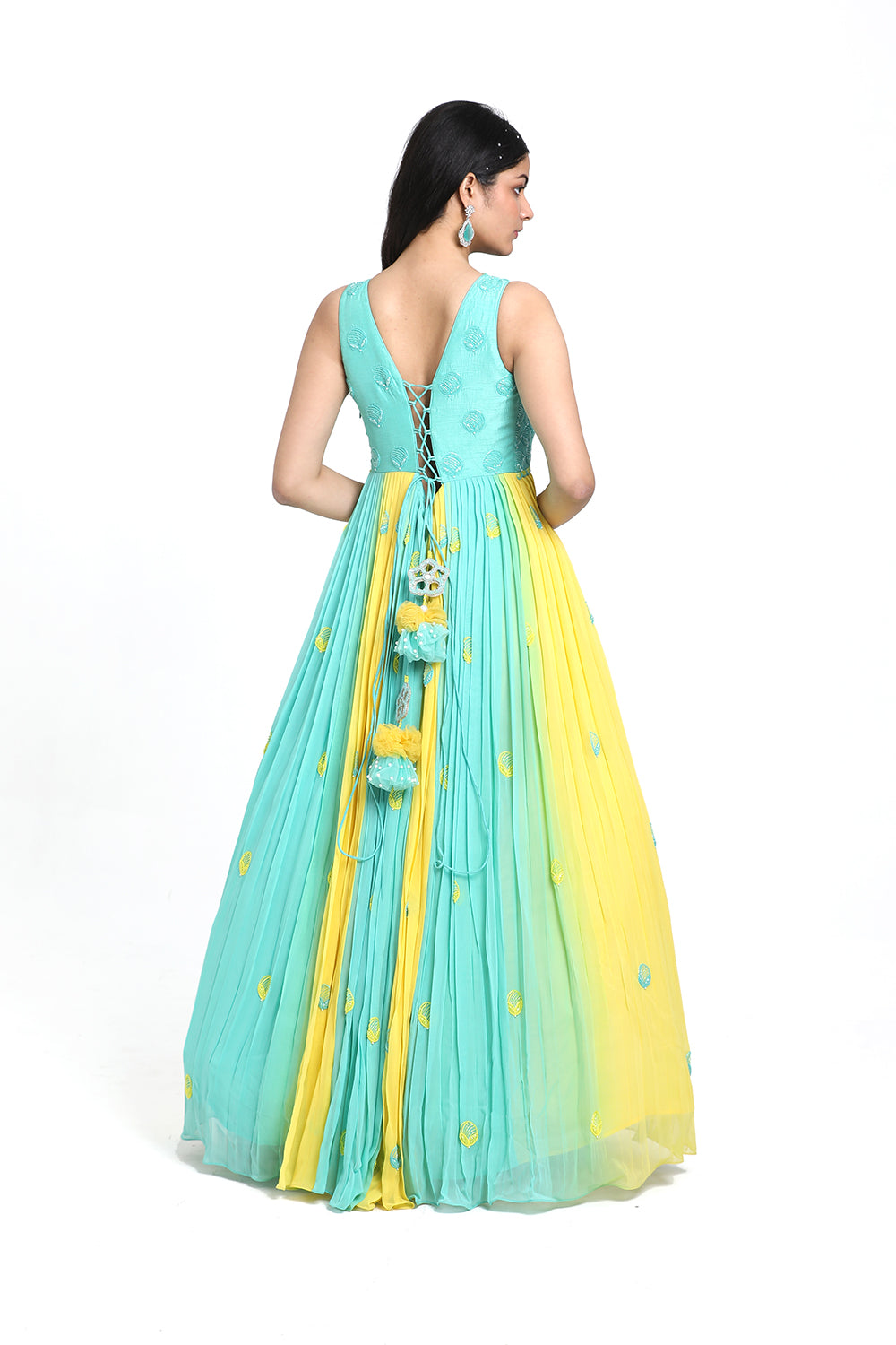 Aqua Blue & Yellow Pleated Anarkali Set