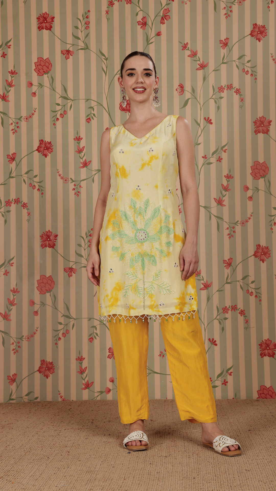 Green base with yellow tie-dye straight suit with yellow pant & dupatta set