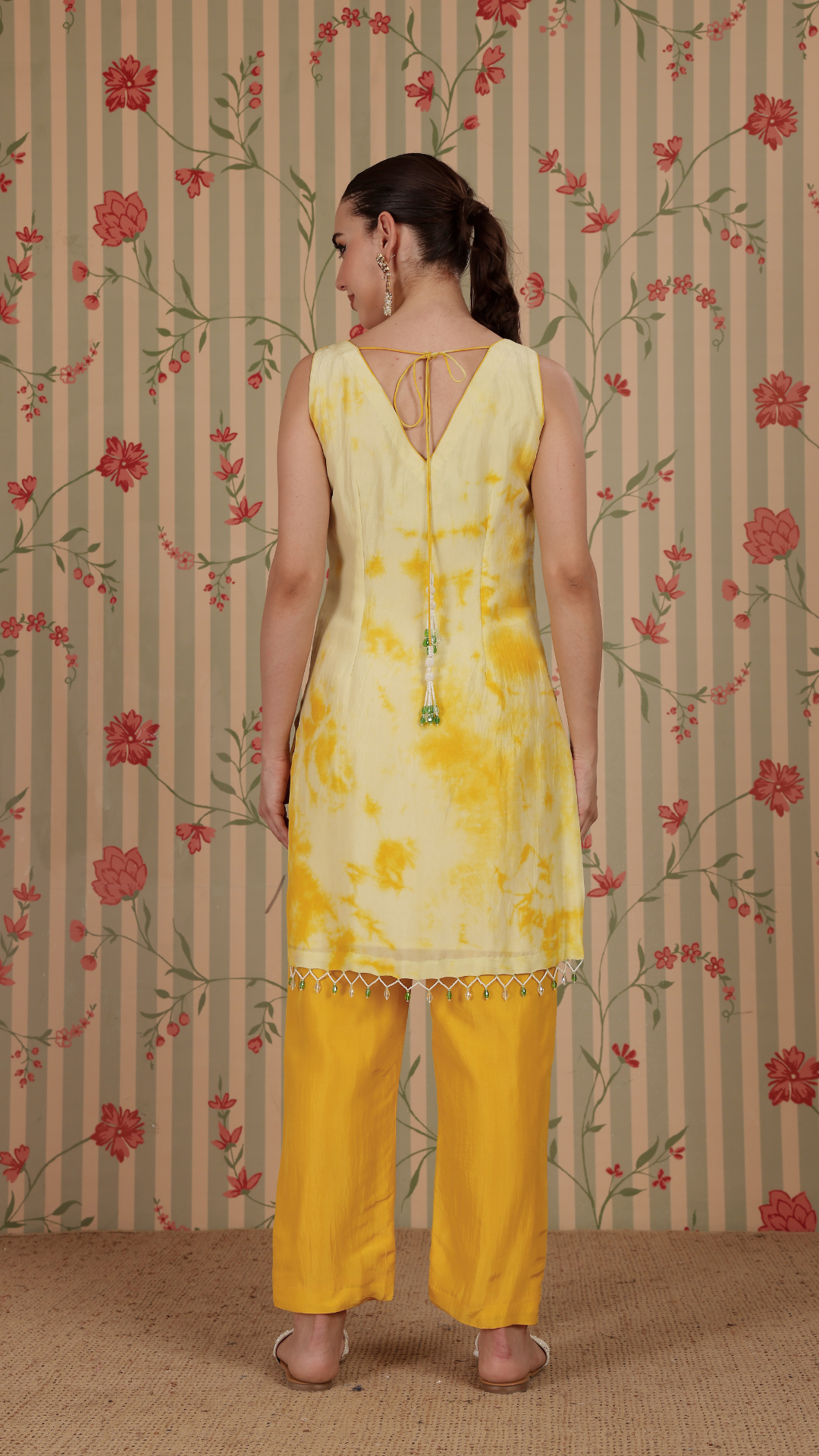 Green base with yellow tie-dye straight suit with yellow pant & dupatta set