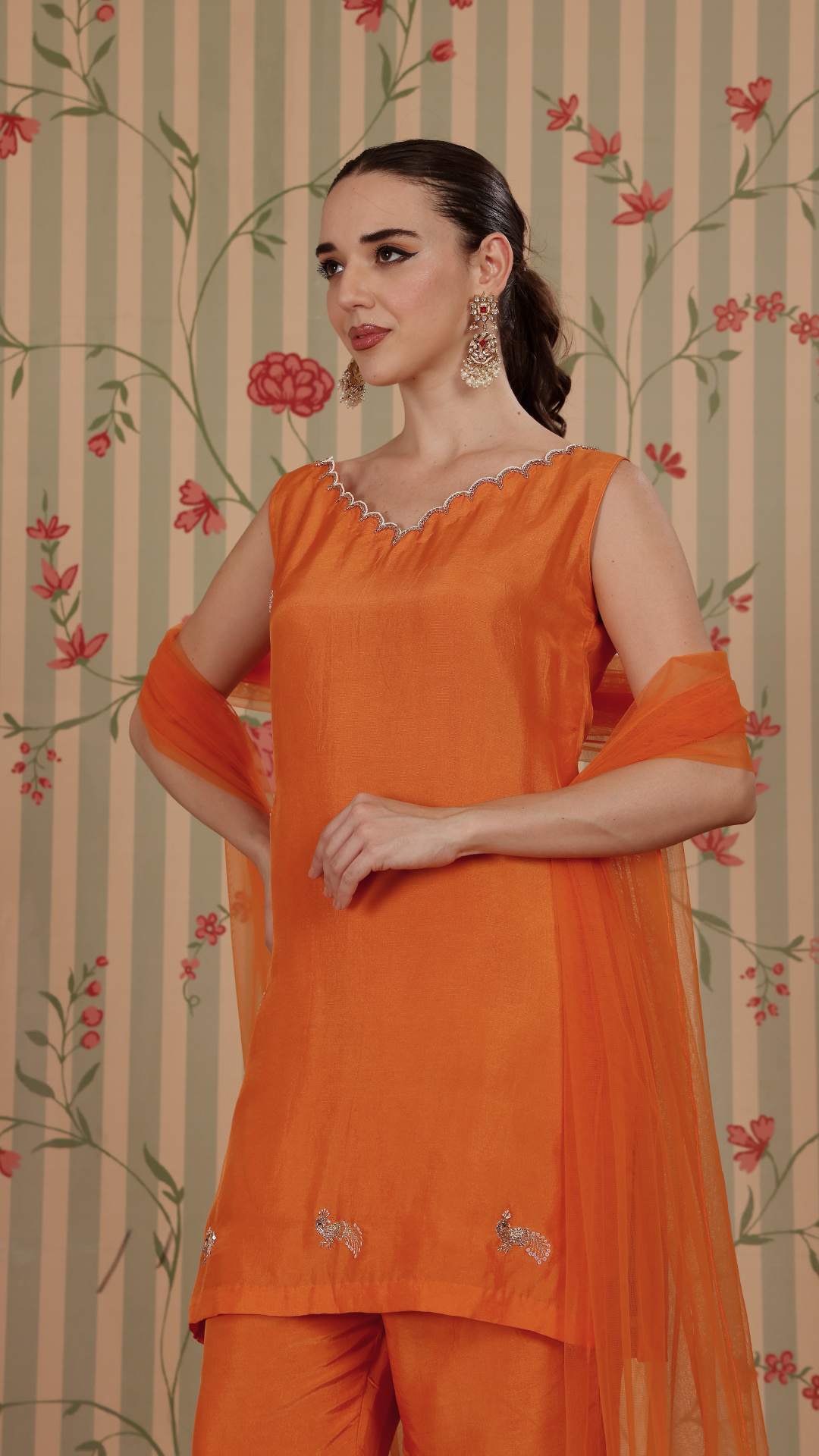 Orange straight suit with bell bottom pant & dupatta