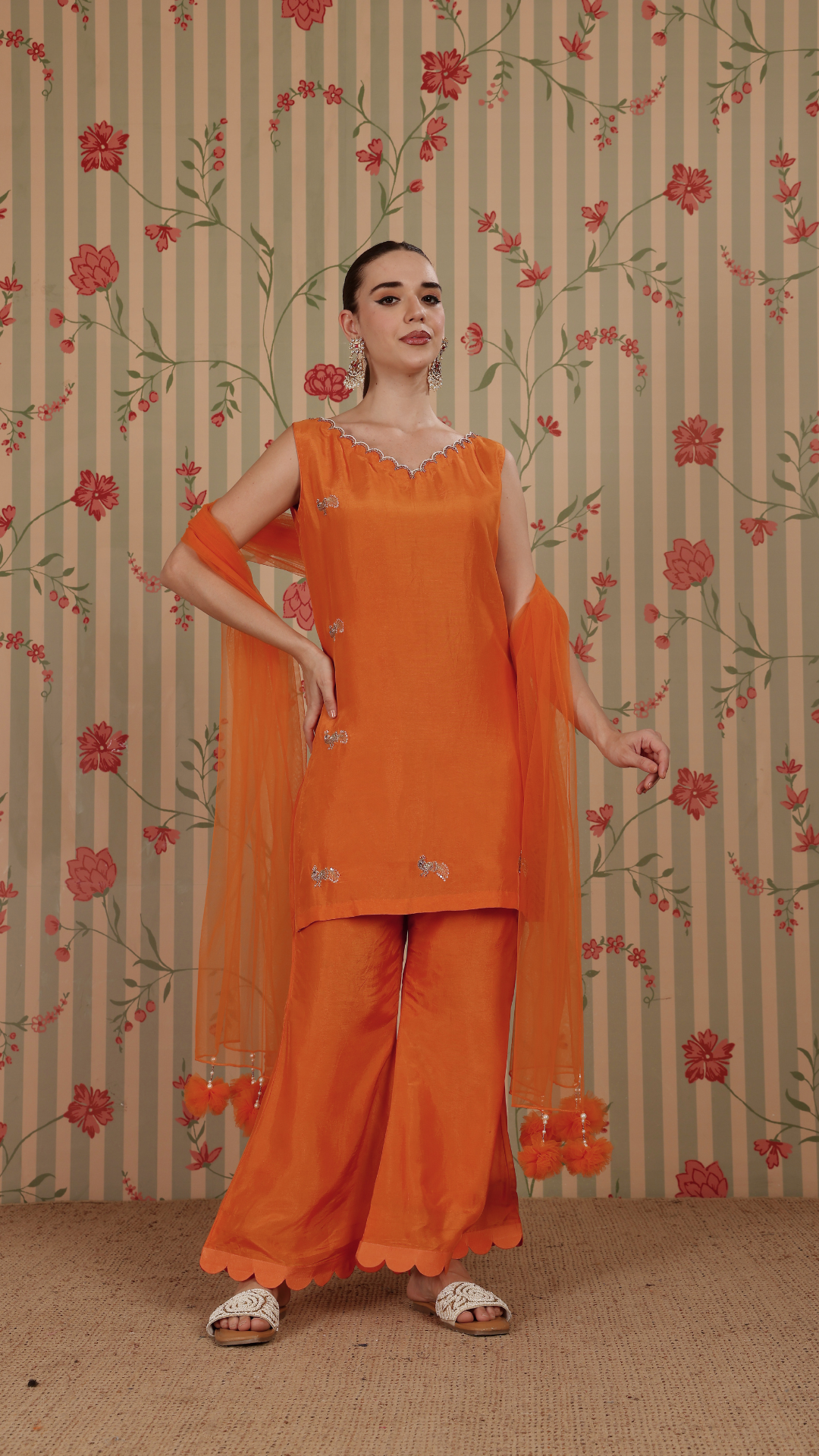 Orange straight suit with bell bottom pant & dupatta