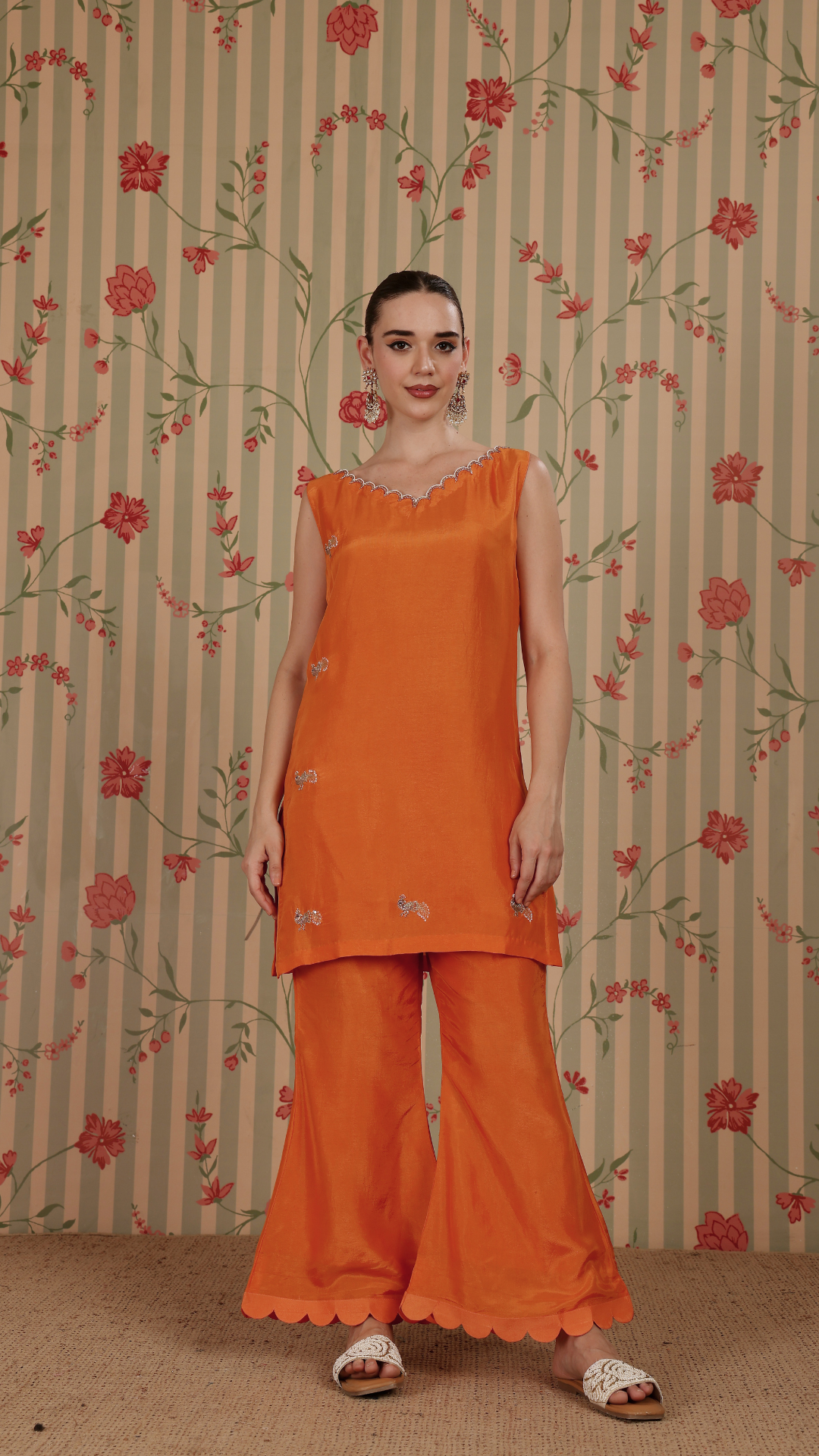 Orange straight suit with bell bottom pant & dupatta