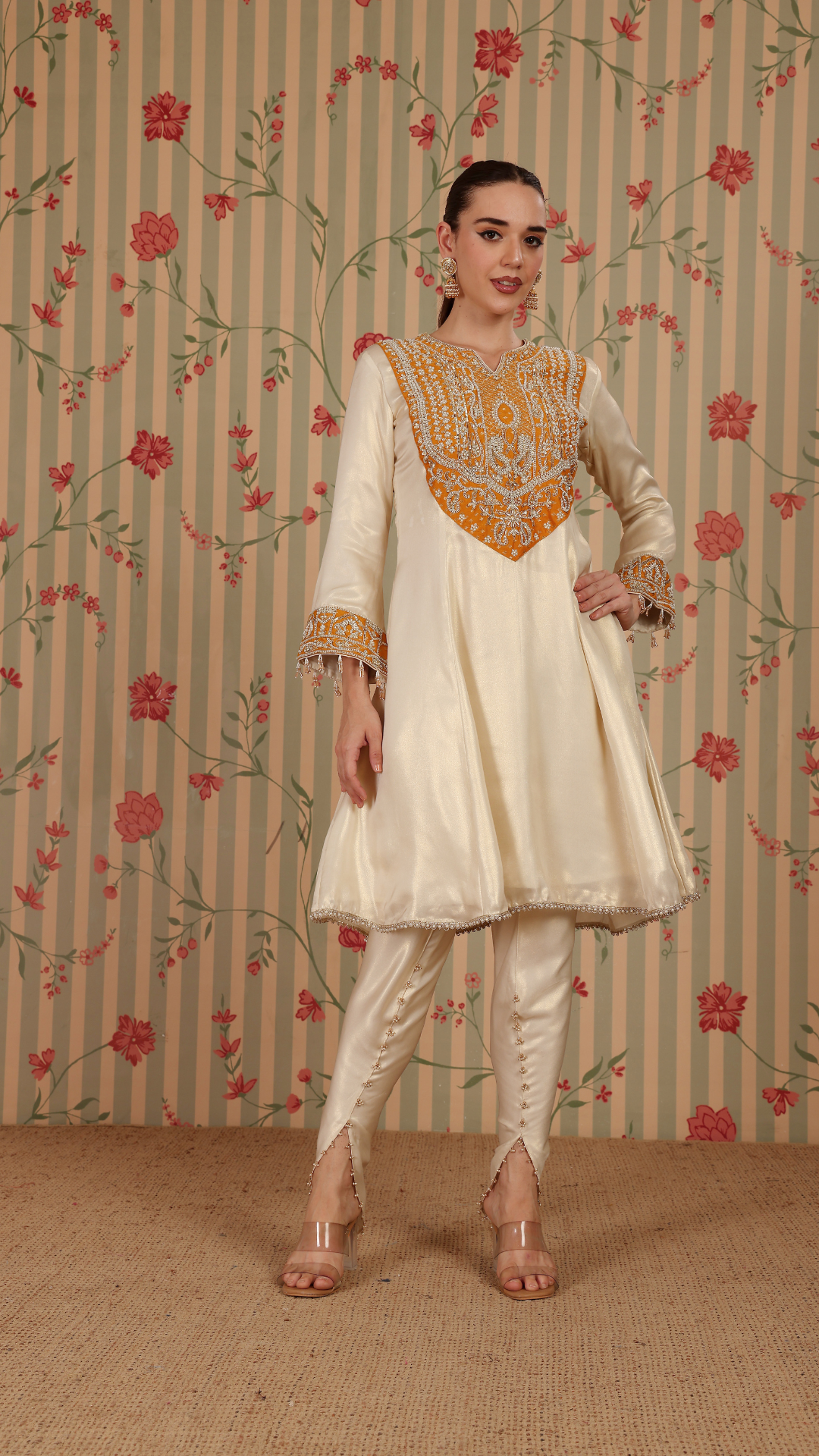 Off white with yellow patch A-line suit with tulip pant & ombre dupatta