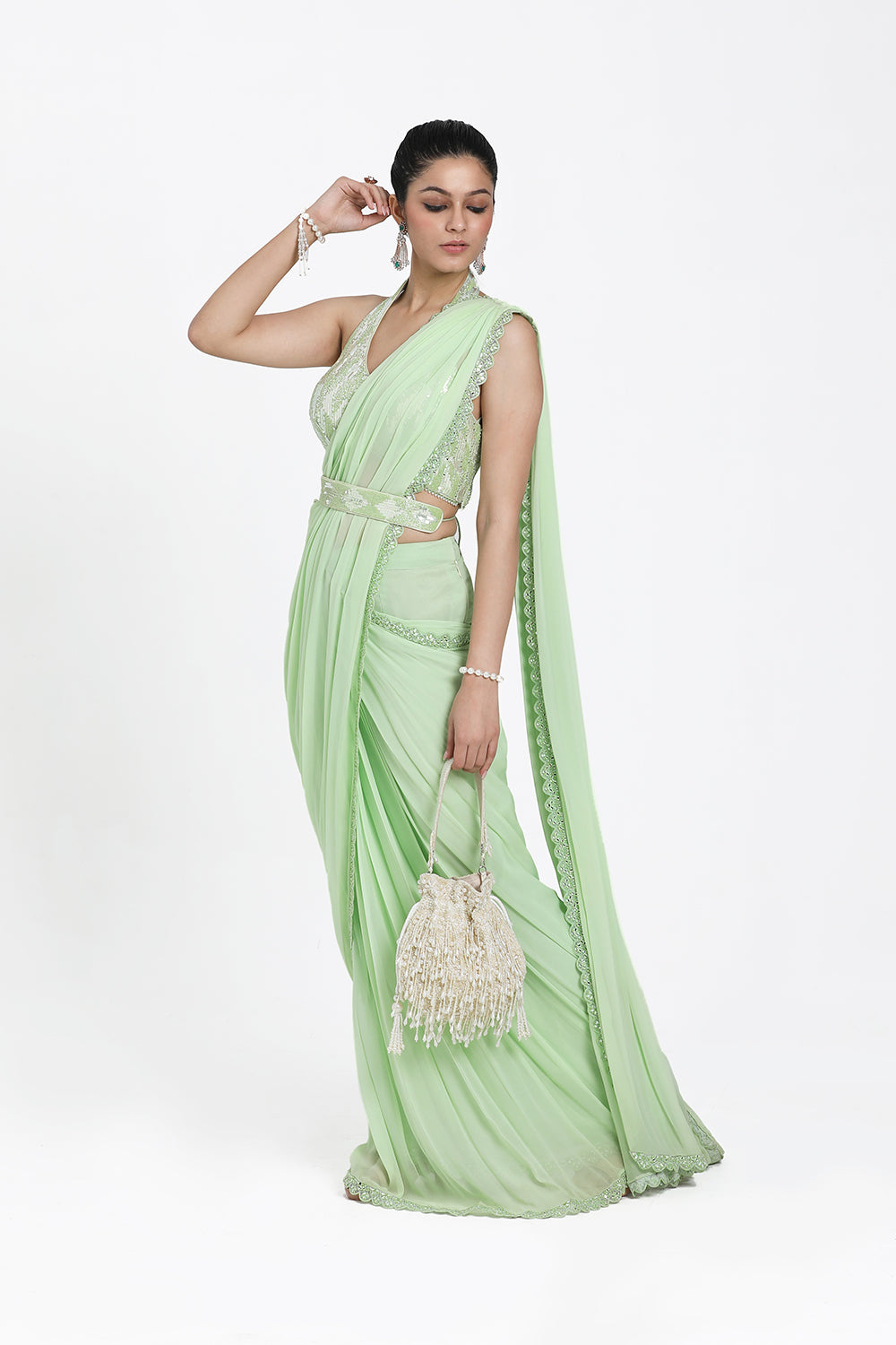 Light Green Drape Saree With Detachable Belt