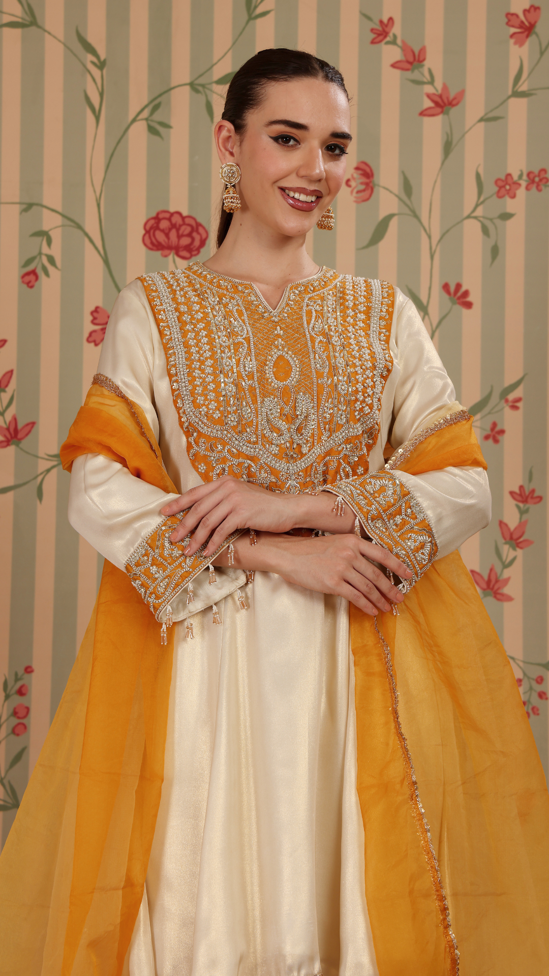 Off white with yellow patch A-line suit with tulip pant & ombre dupatta