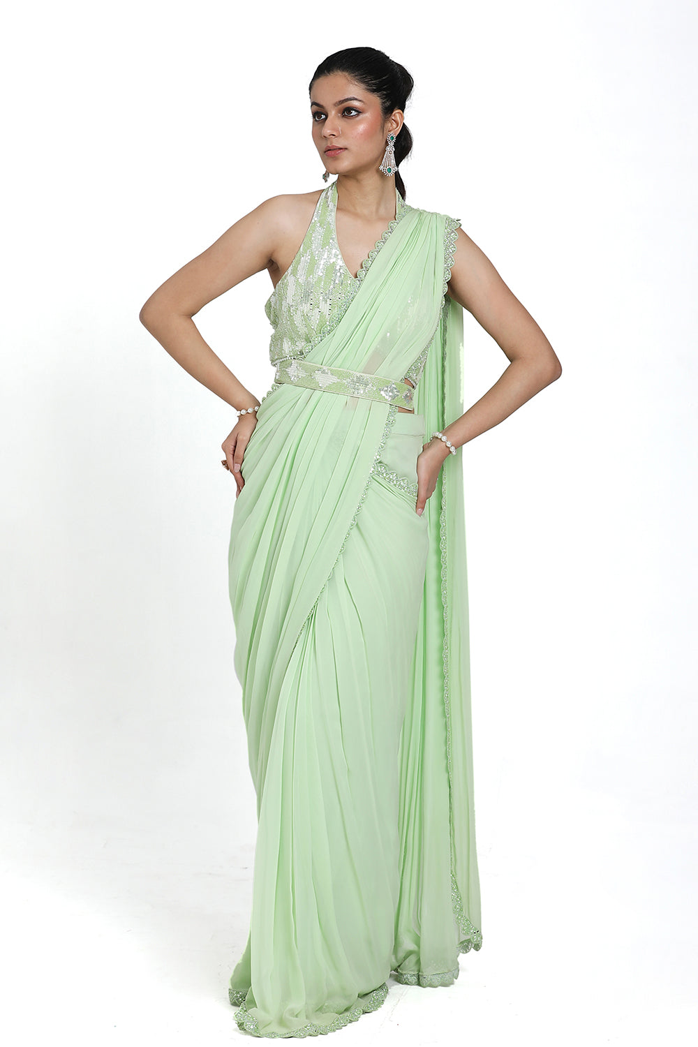 Light Green Drape Saree With Detachable Belt