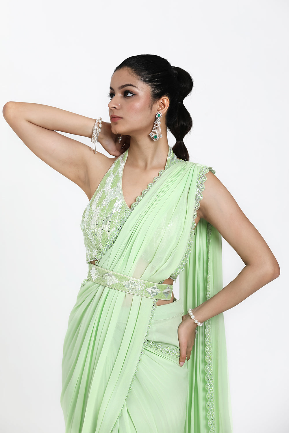 Light Green Drape Saree With Detachable Belt