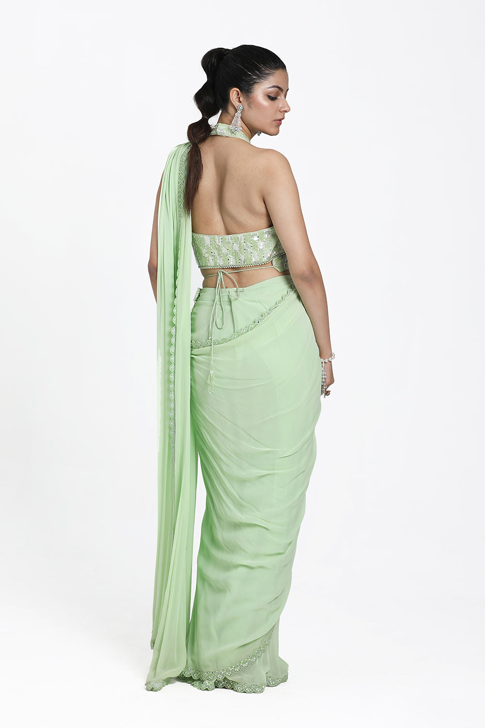 Light Green Drape Saree With Detachable Belt
