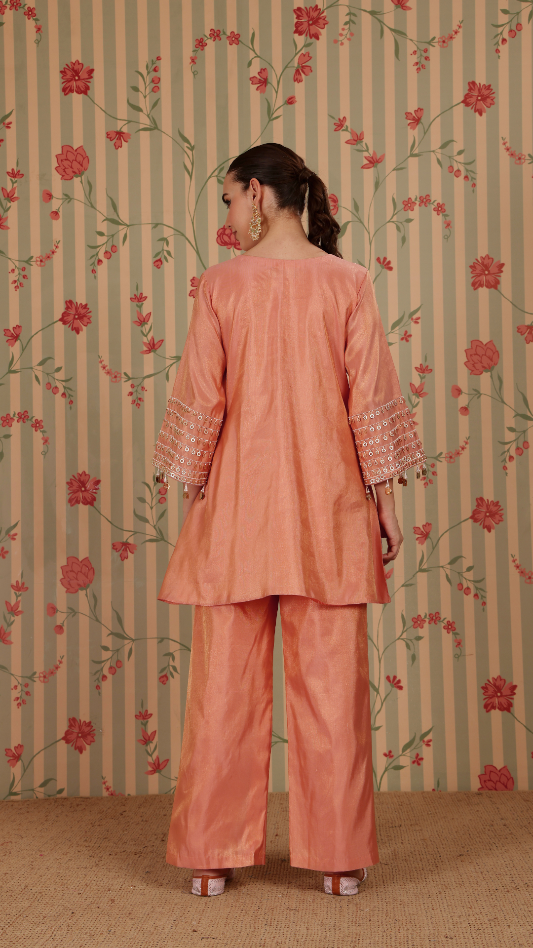 Peach shimmer pakistani A-line suit with pant