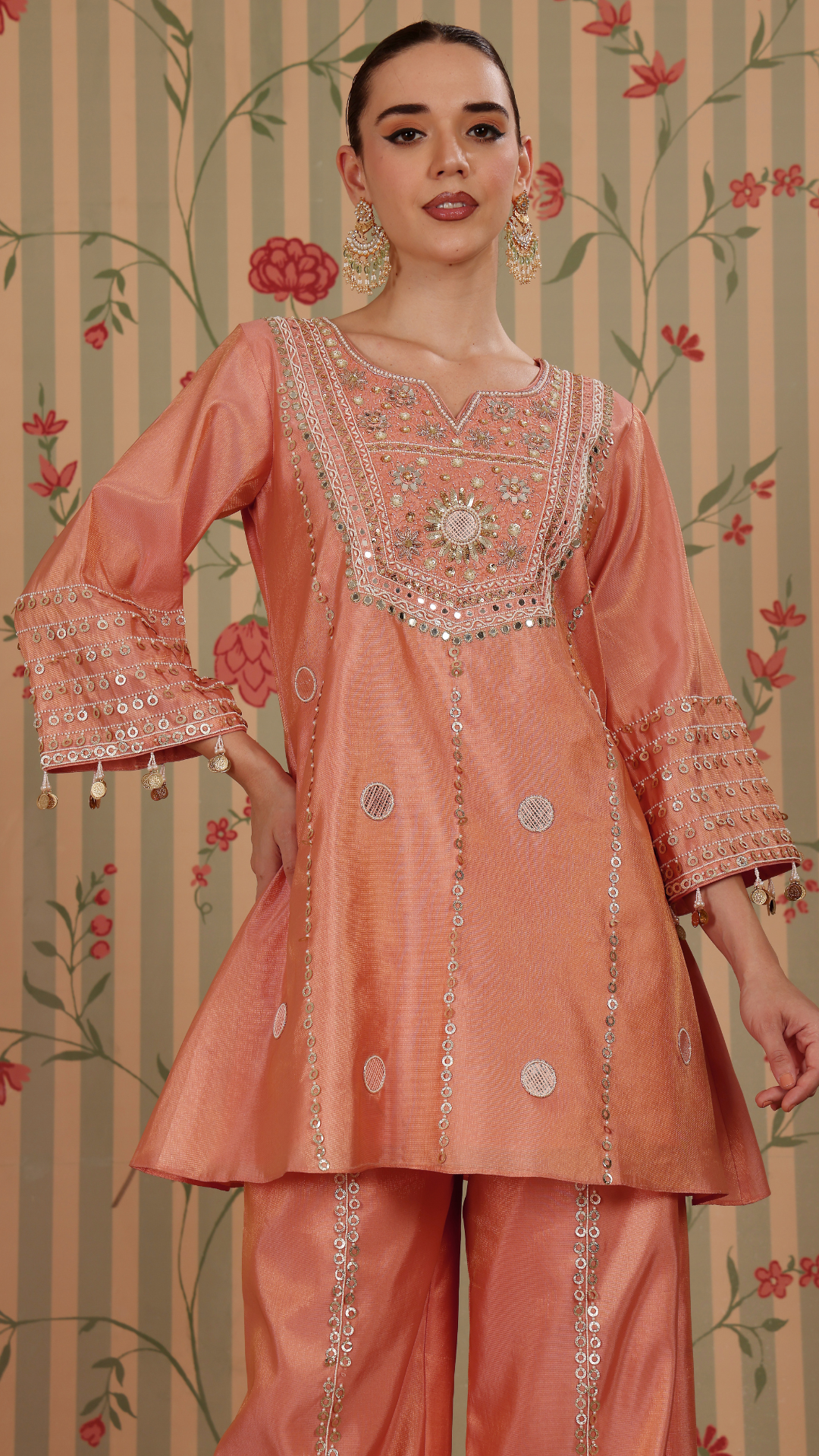 Peach shimmer pakistani A-line suit with pant