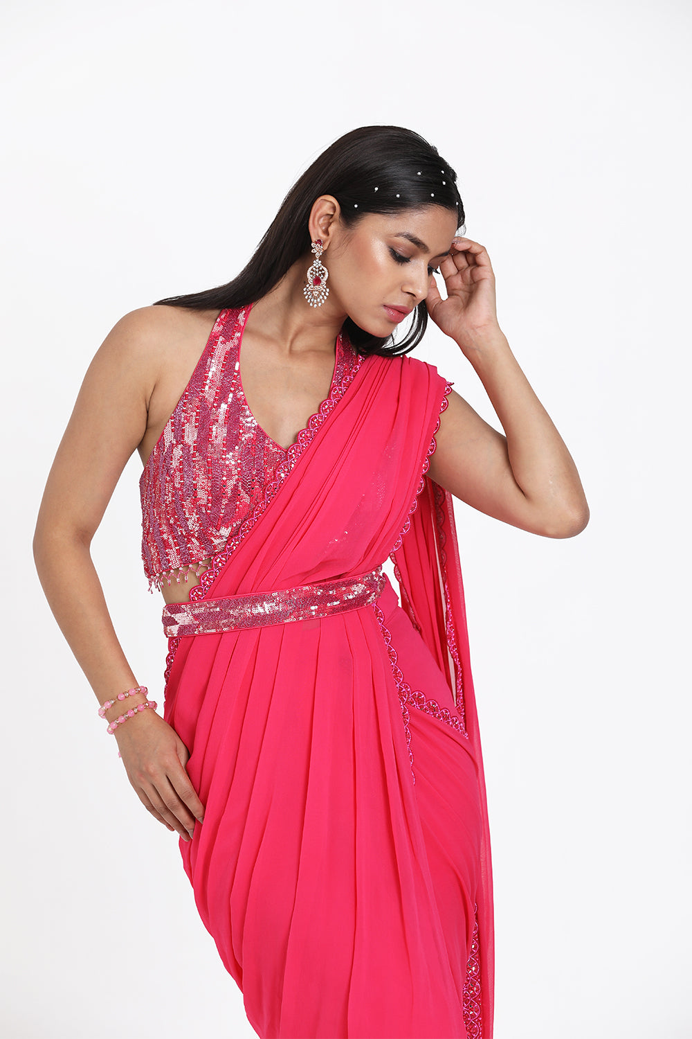 Pink Drape Saree With Halter Blouse & Detachable Belt