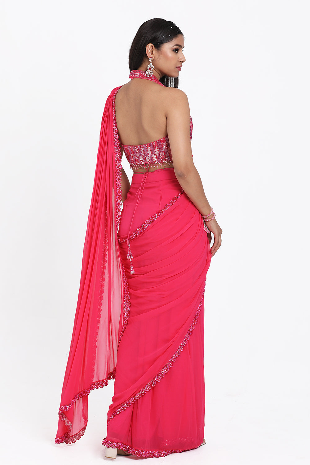 Pink Drape Saree With Halter Blouse & Detachable Belt