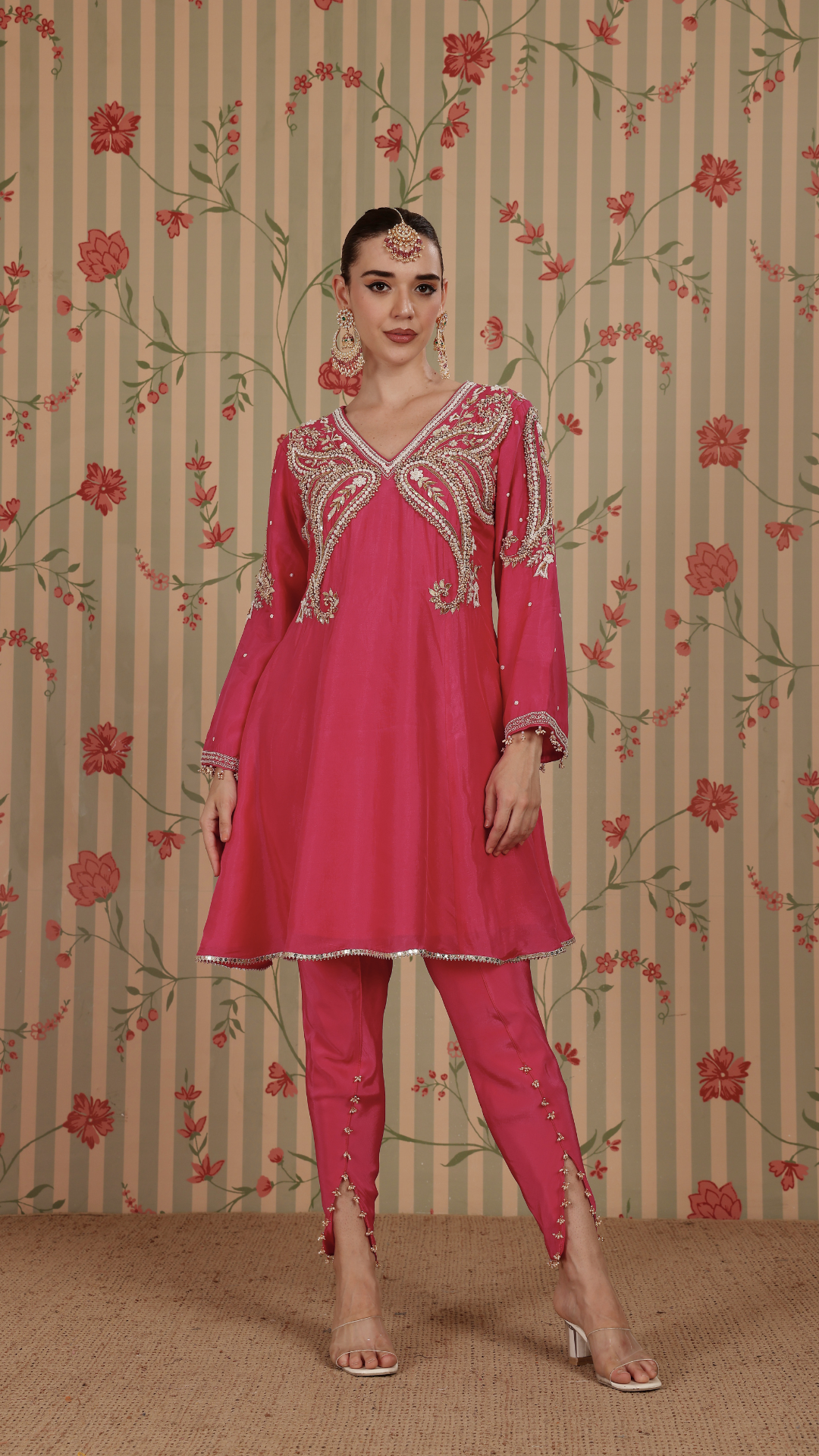 Fuscia pink A-line suit with tulip pant & dupatta