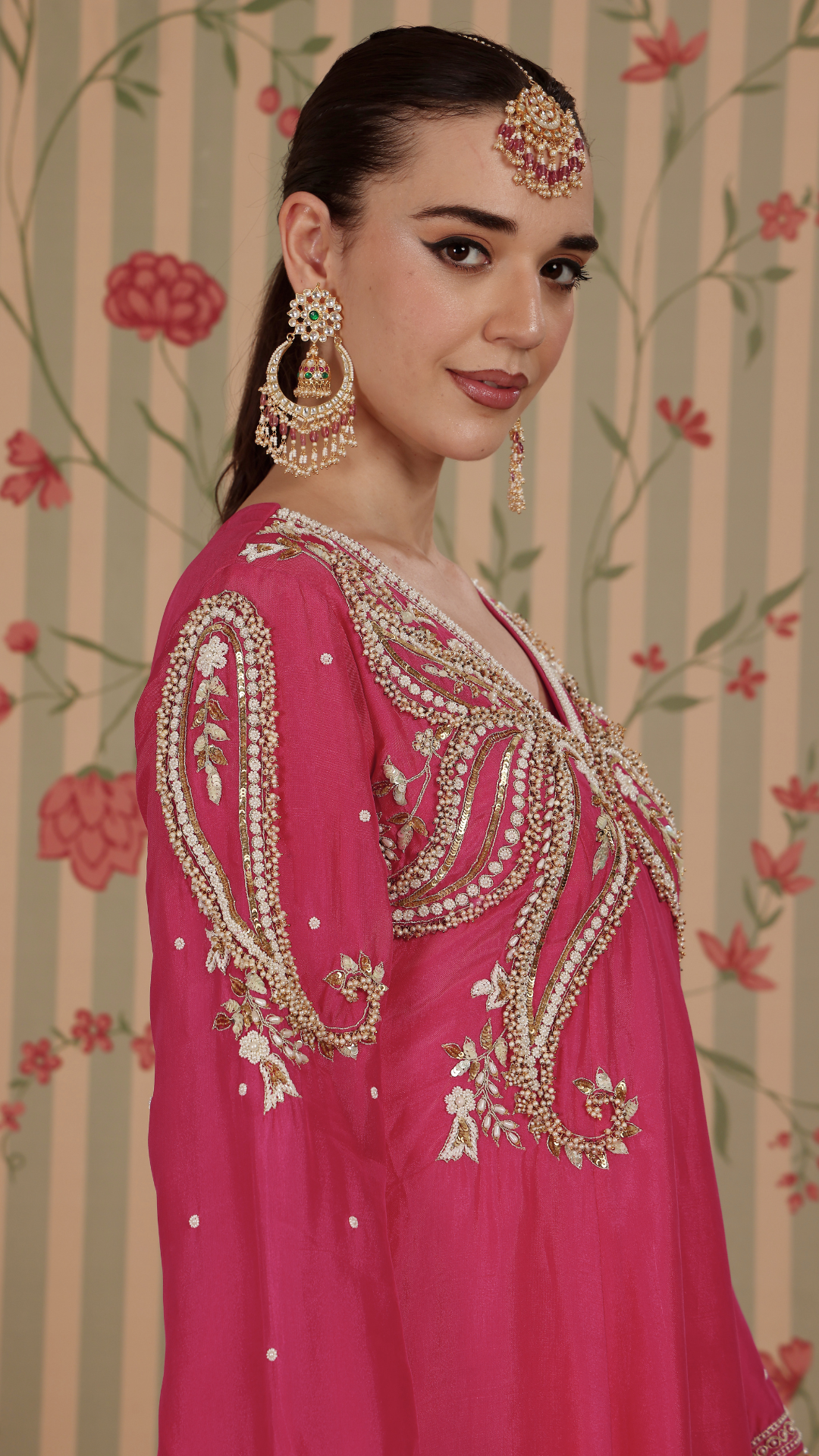 Fuscia pink A-line suit with tulip pant & dupatta