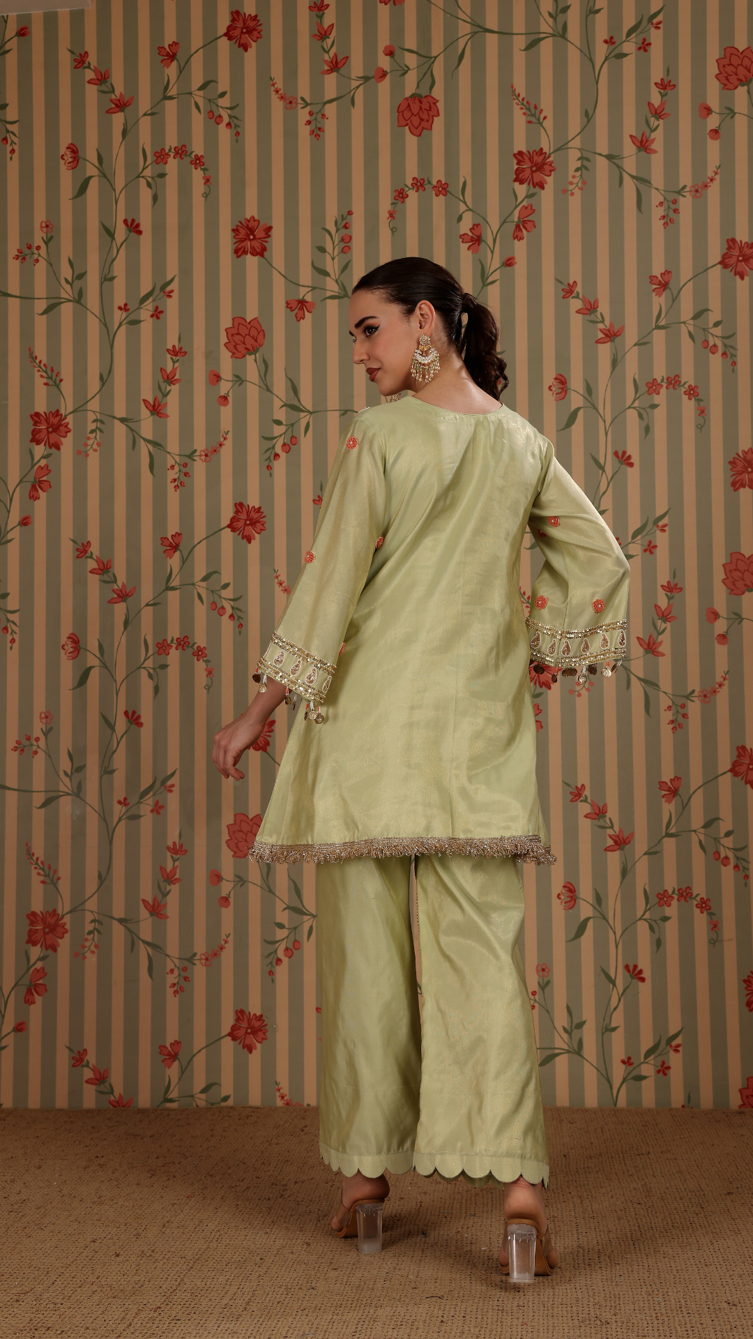 Light green shimmer pakistani A-line suit with straight pant