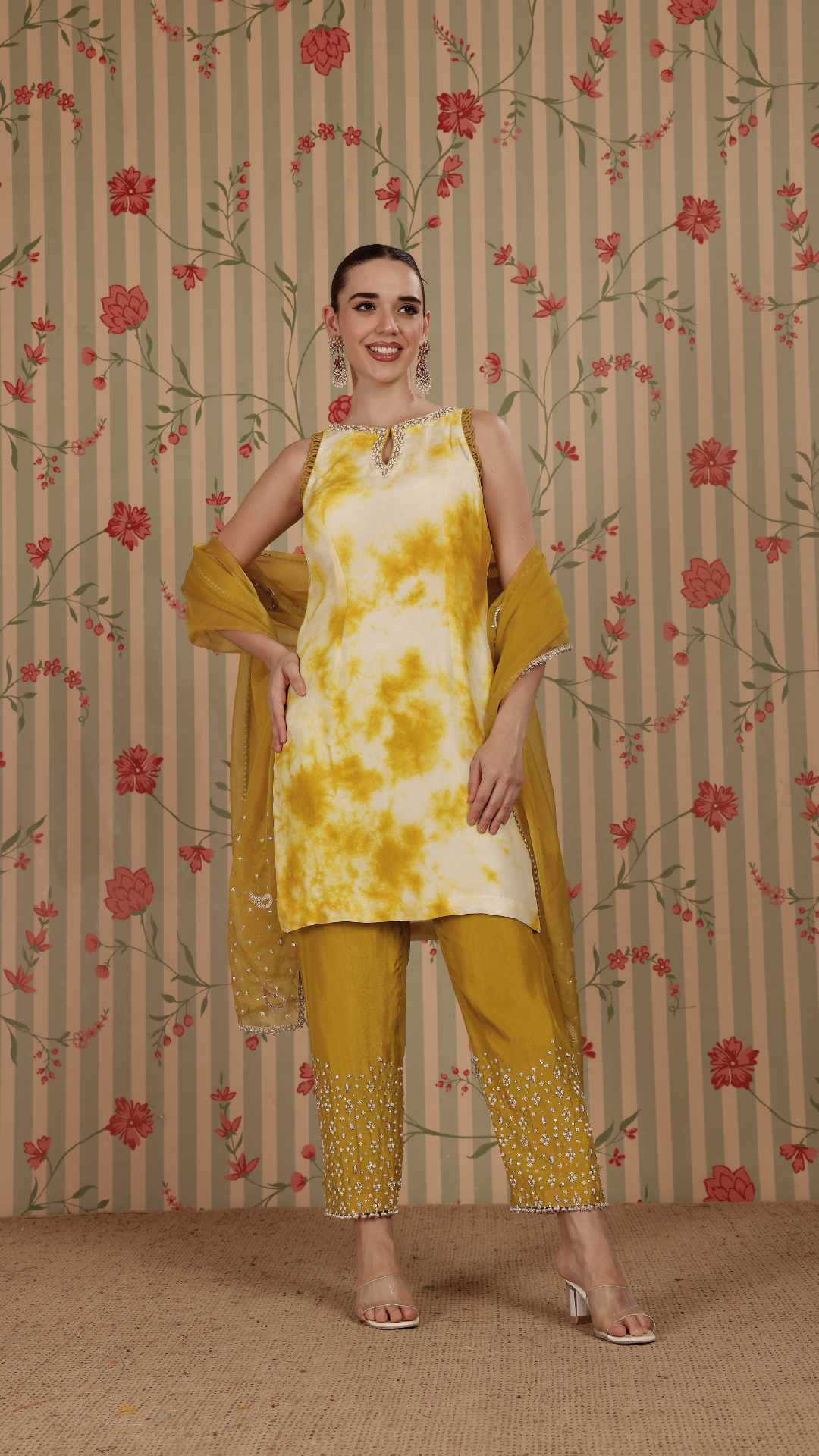 Off white with lime green tie-dye straight suit with lime green pant & dupatta
