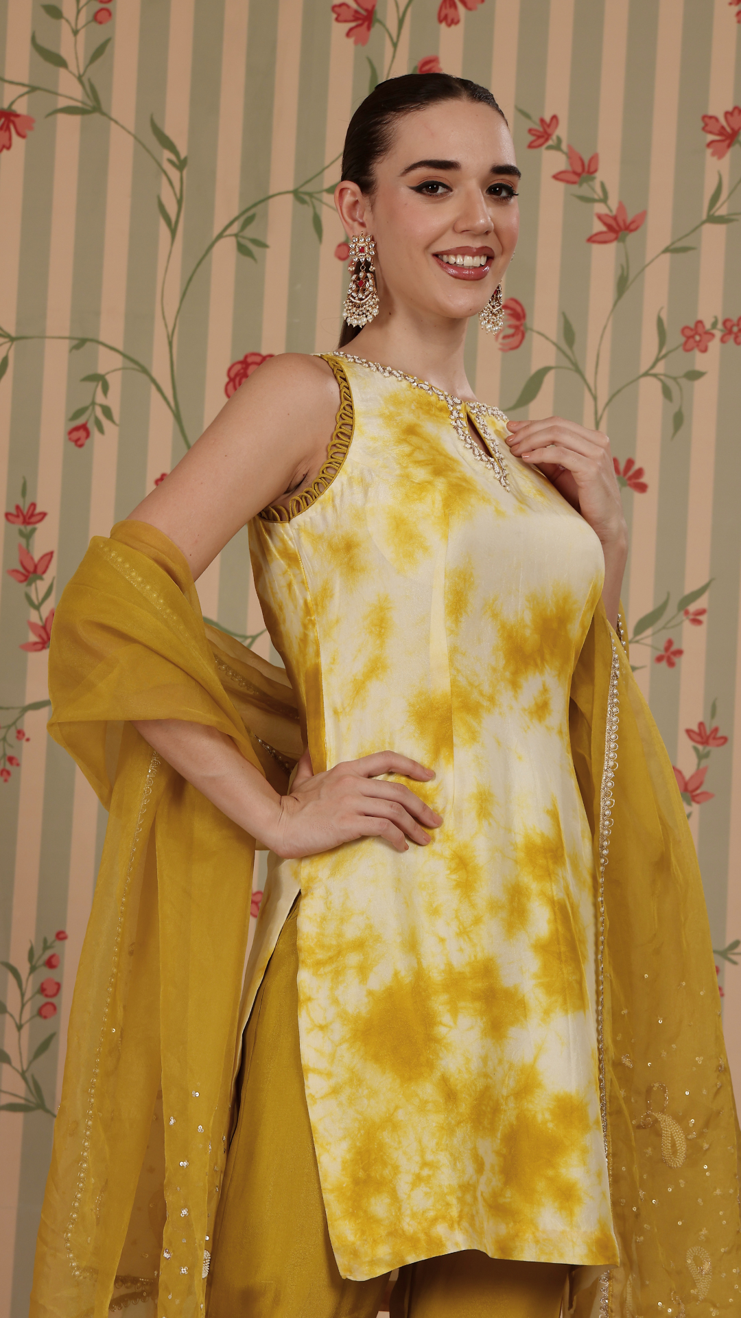 Off white with lime green tie-dye straight suit with lime green pant & dupatta