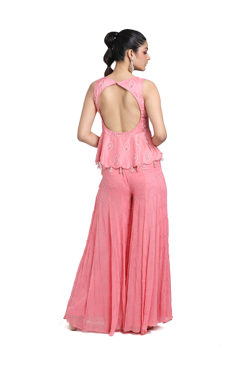 Coral Pink Peplum With Inserted Sharara Set.