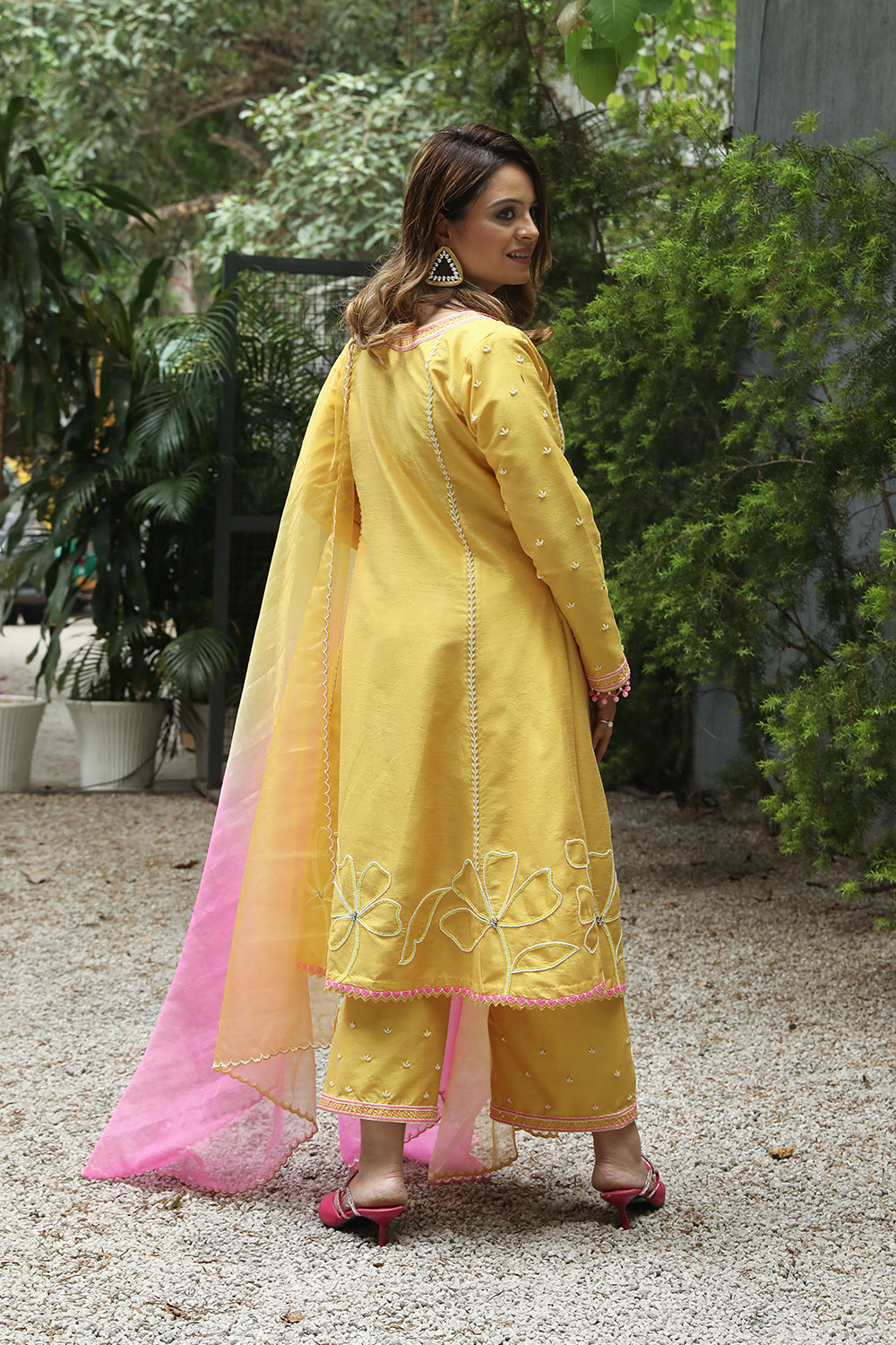 Yellow Silk A-Line Floral Embroidered Suit With Pant And Organza Dupatta Set.
