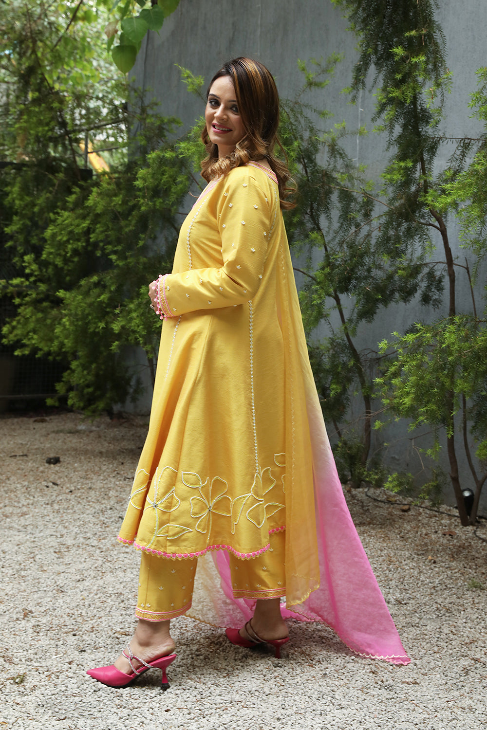 Yellow Silk A-Line Floral Embroidered Suit With Pant And Organza Dupatta Set.