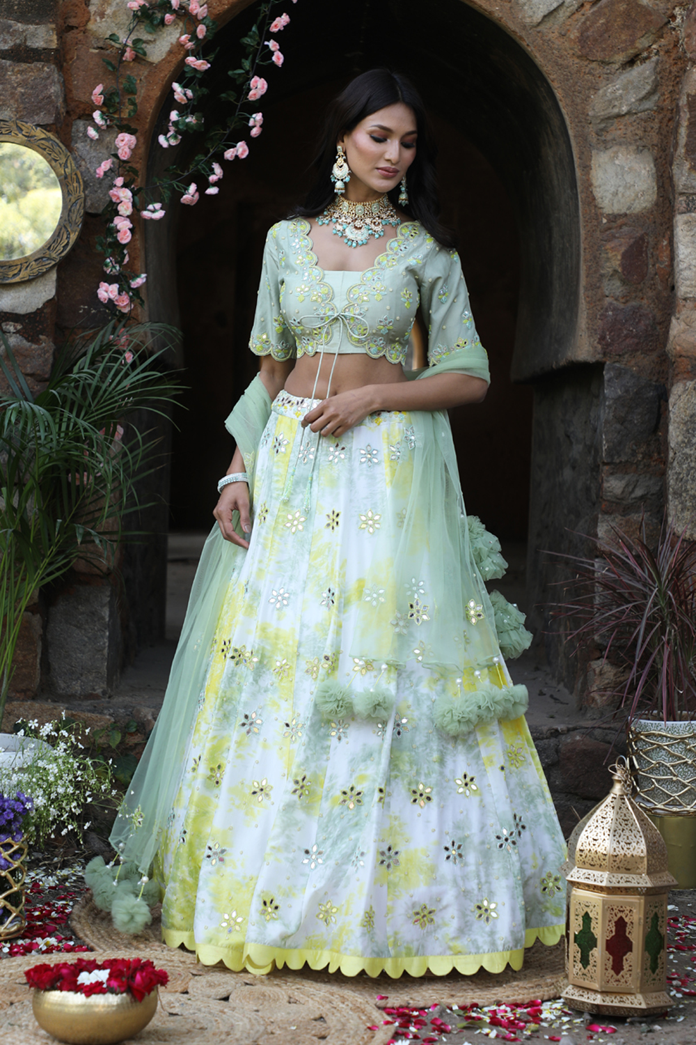 Olive Green - Lemon Yellow Tie-Dye Lehenga Set