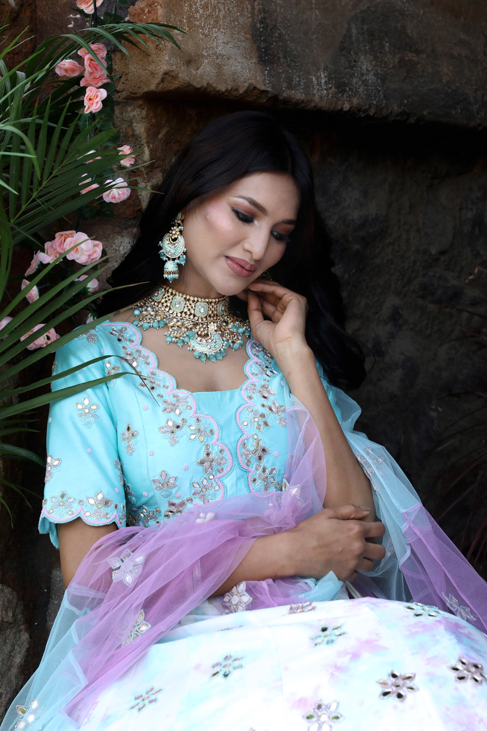 Lilac - Aqua Blue Tie-Dye Lehenga Set