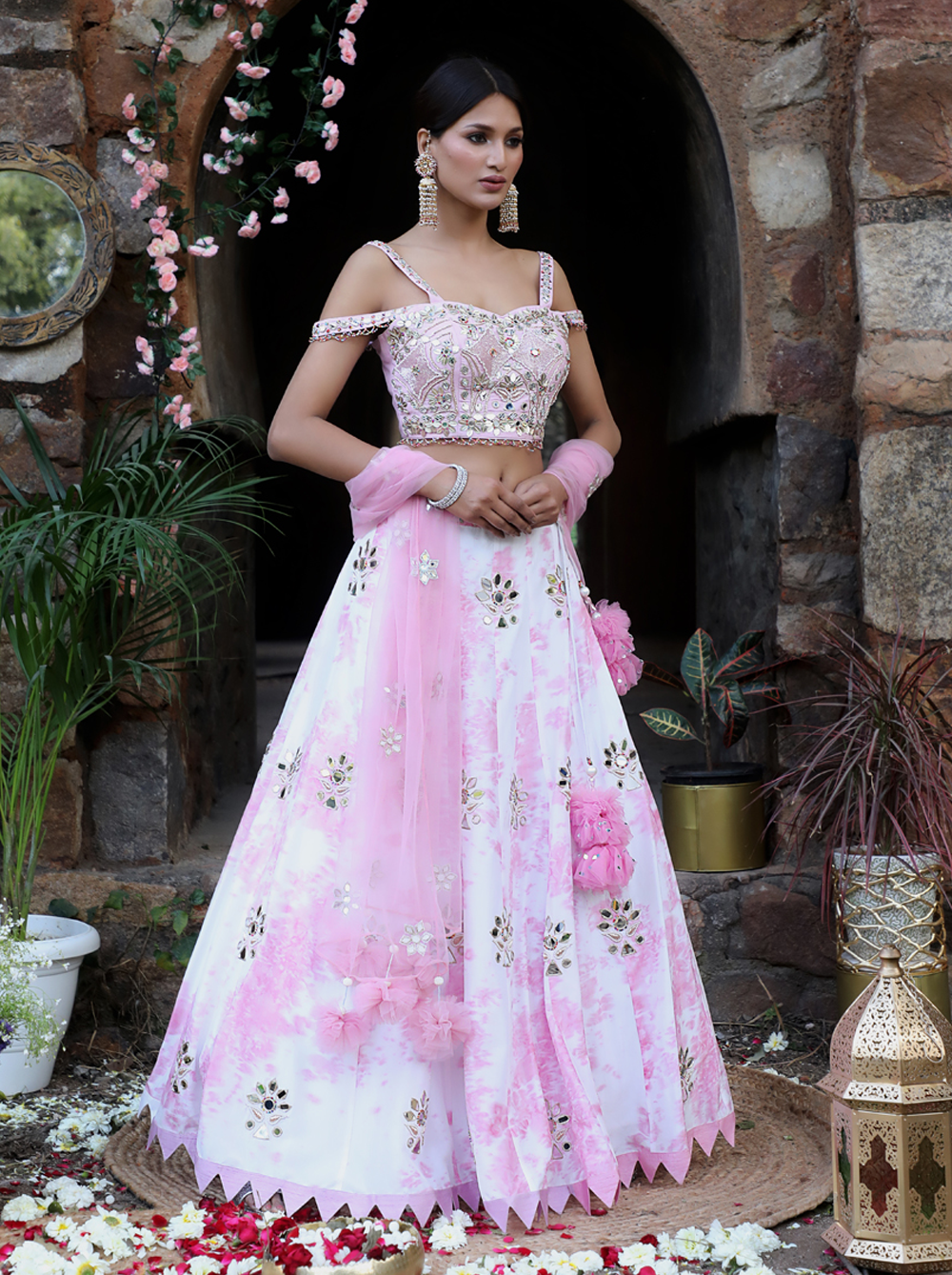 Off White And Lilac Tie-Dye Lehenga Set