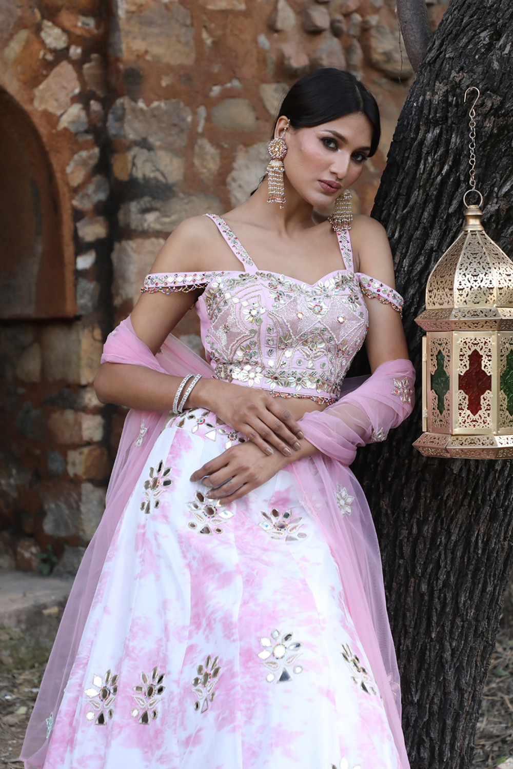 Off White And Lilac Tie-Dye Lehenga Set