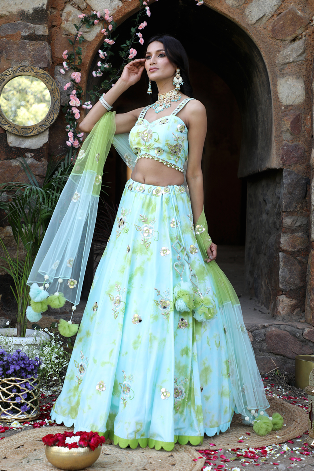 Aqua Blue And Green Tie-Dye Lehenga Set