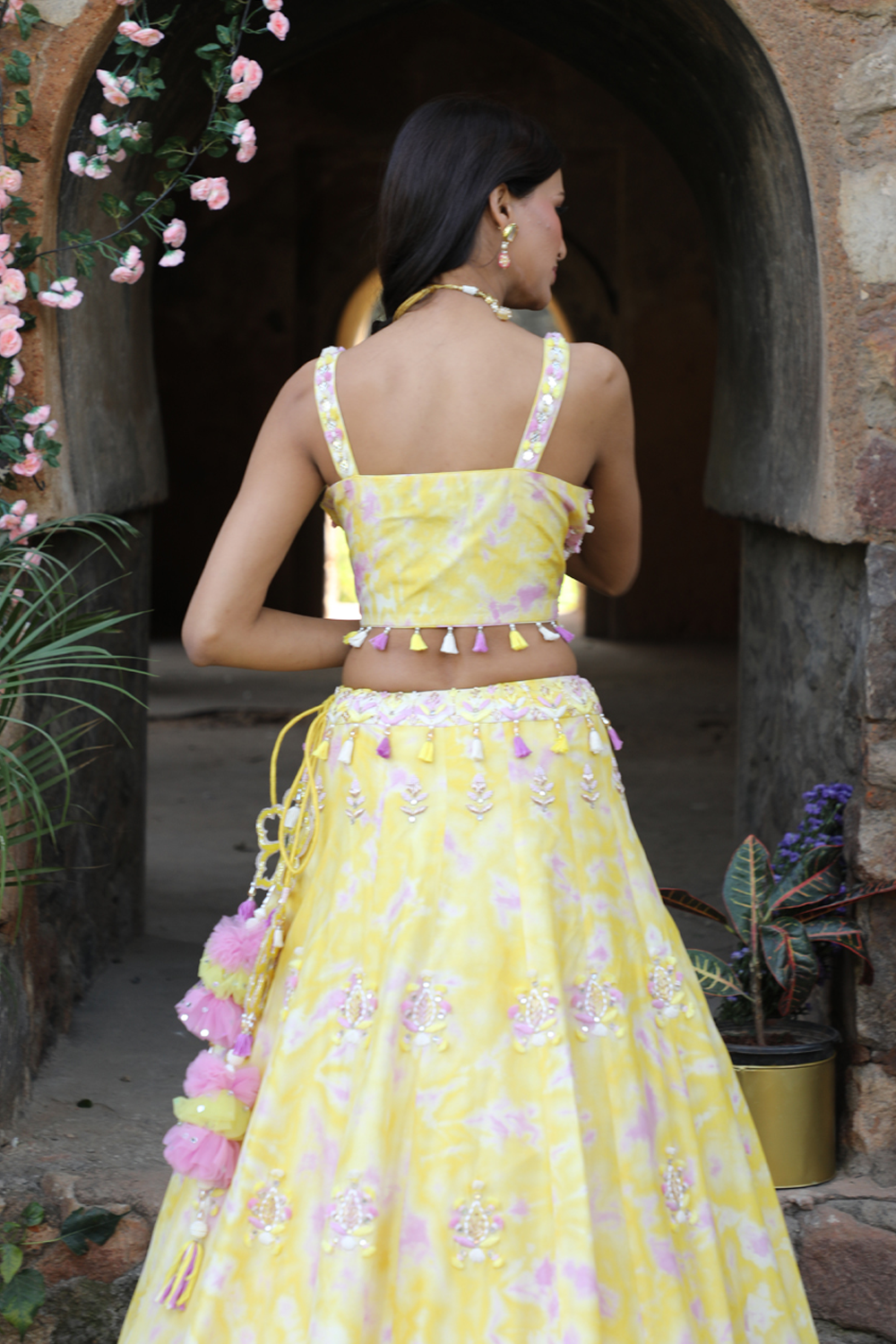 Yellow And Lilac Tie-Dye Lehenga Set