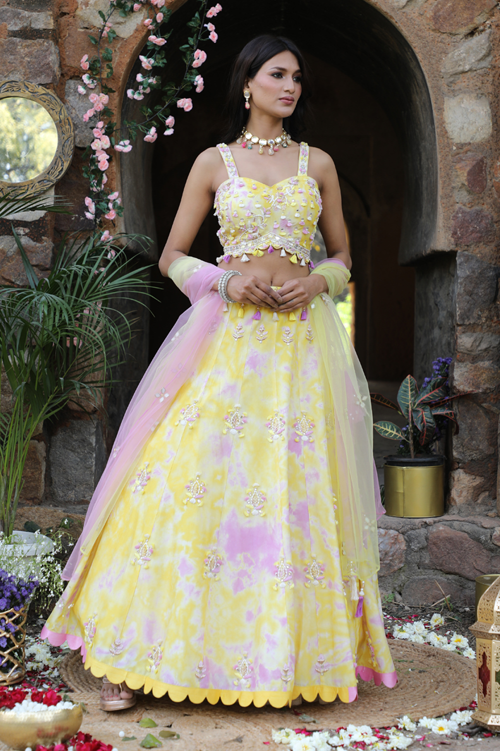 Yellow And Lilac Tie-Dye Lehenga Set