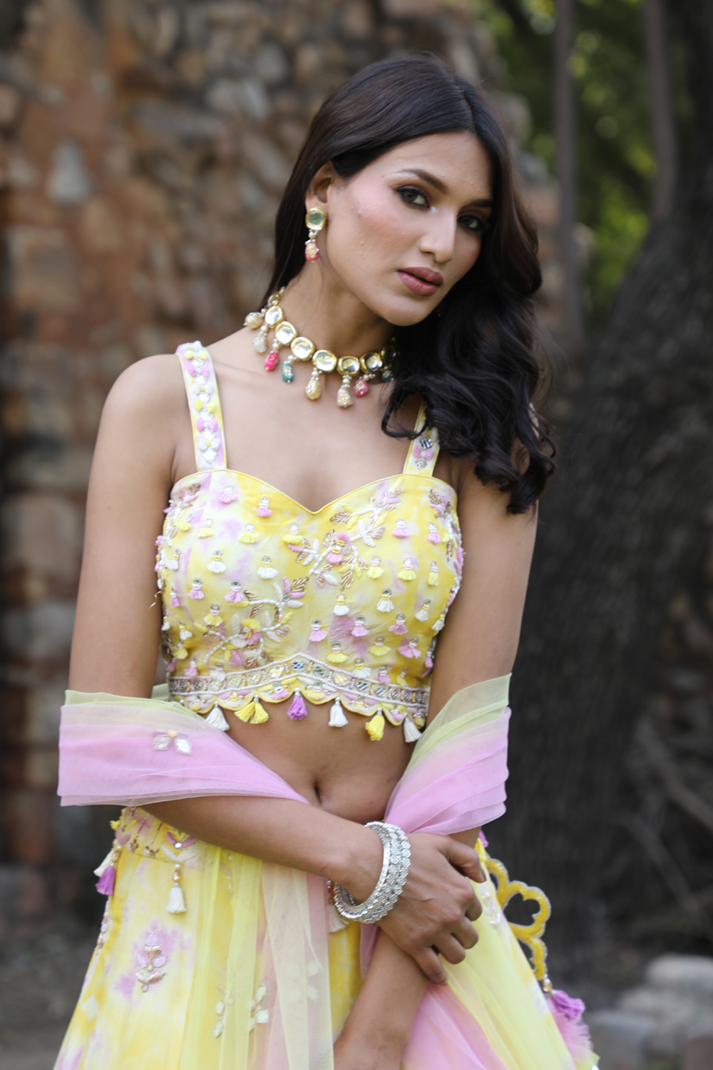 Yellow And Lilac Tie-Dye Lehenga Set