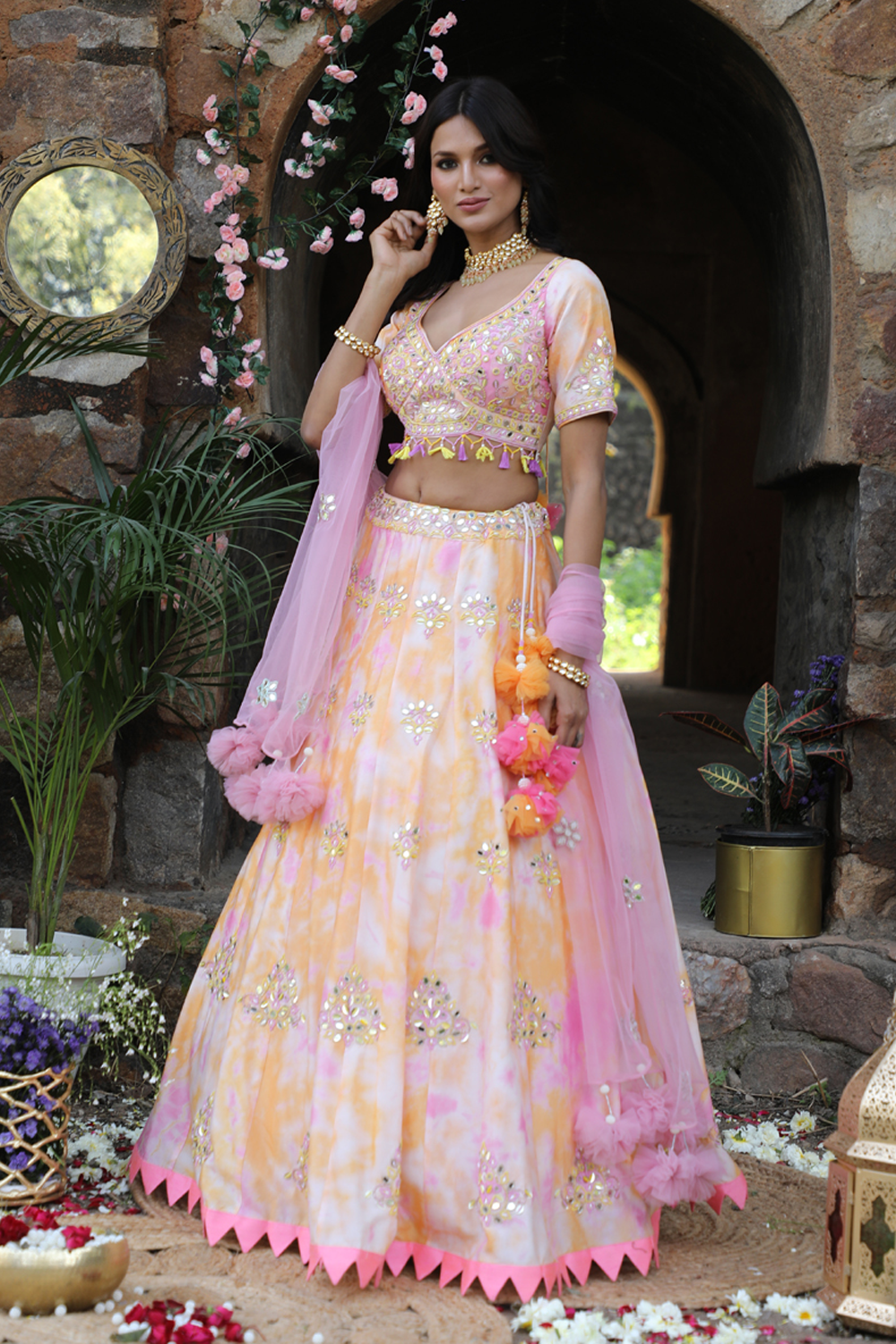 Orange And Pink Tie-Dye Lehenga Set