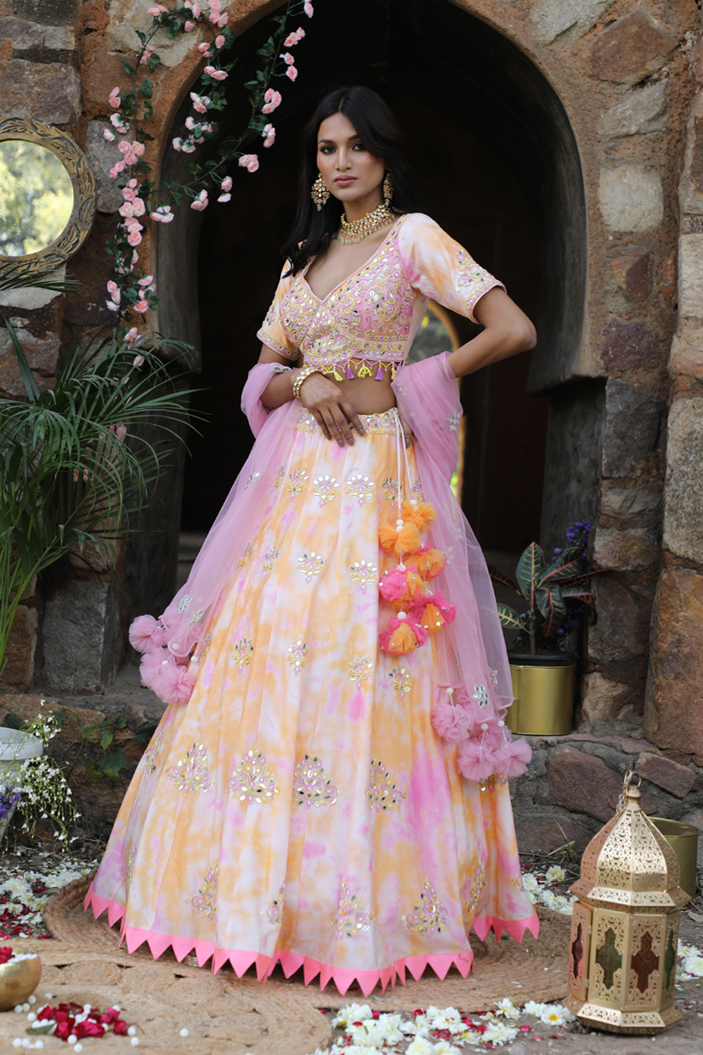 Orange And Pink Tie-Dye Lehenga Set