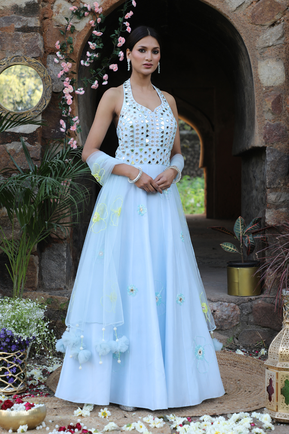 Powder Blue Halter Neck Anarkali Set