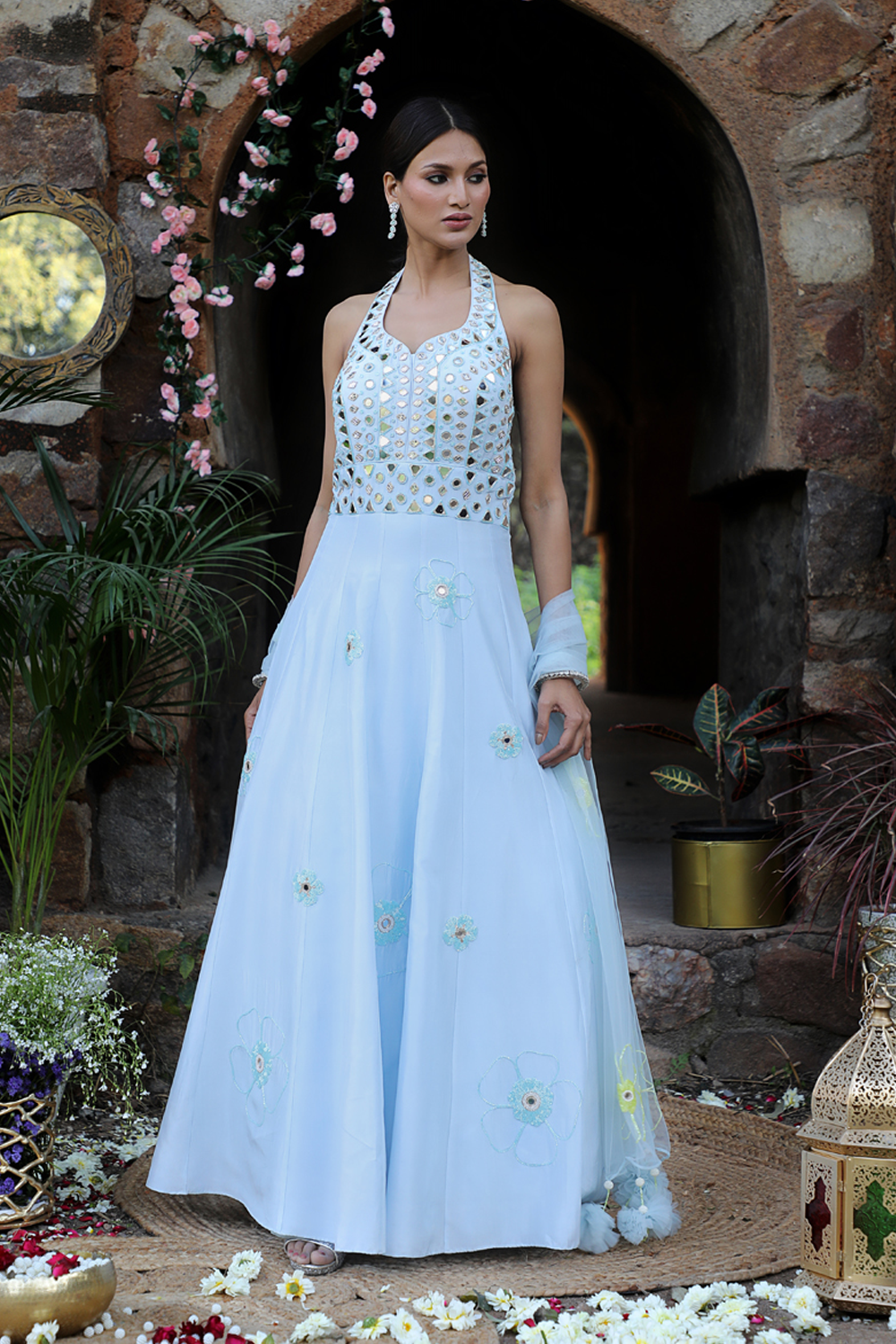 Powder Blue Halter Neck Anarkali Set