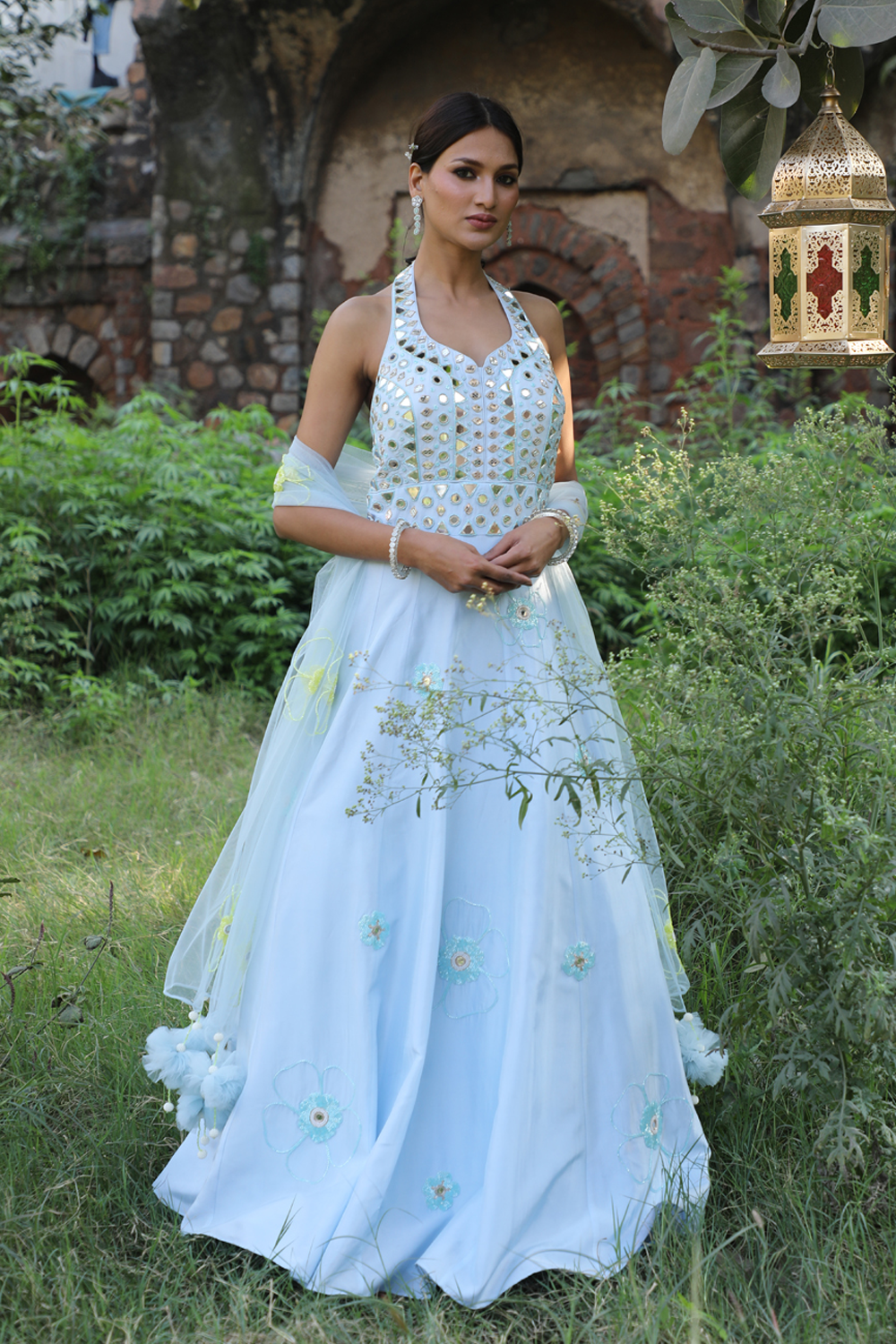 Powder Blue Halter Neck Anarkali Set