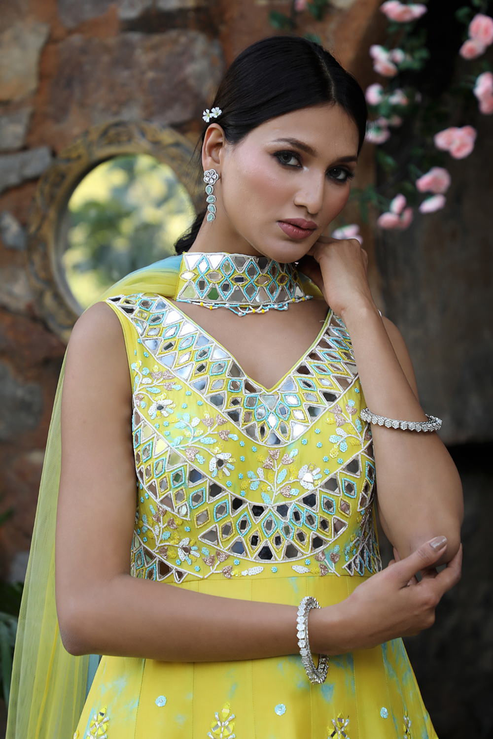 Yellow And Blue Tie- Dye Anarkali Set