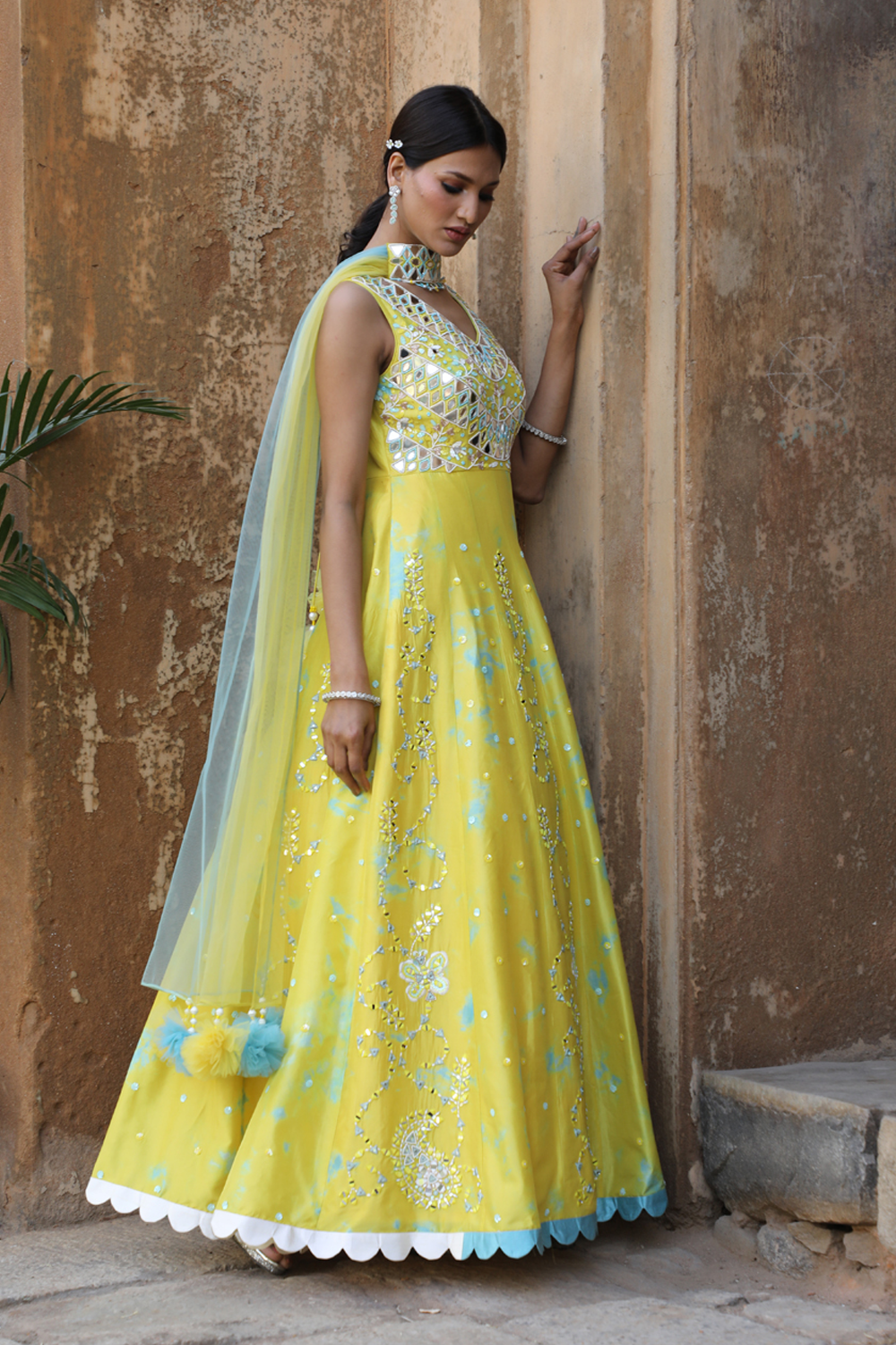 Yellow And Blue Tie- Dye Anarkali Set