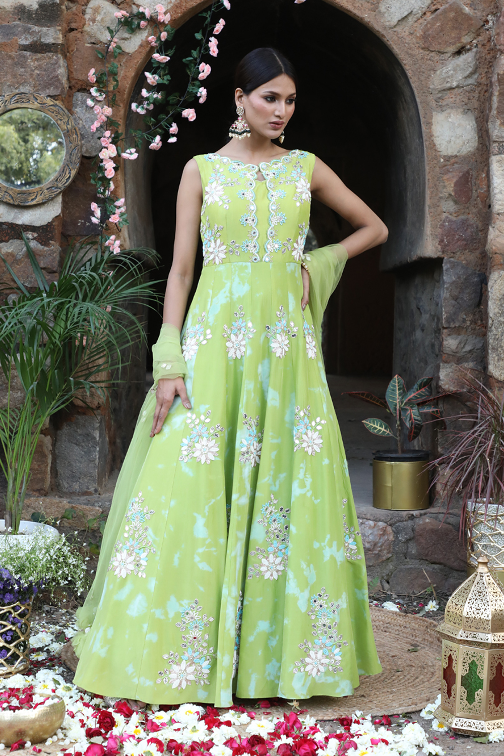 Green And Aqua Blue Tie-Dye Anarkali Set