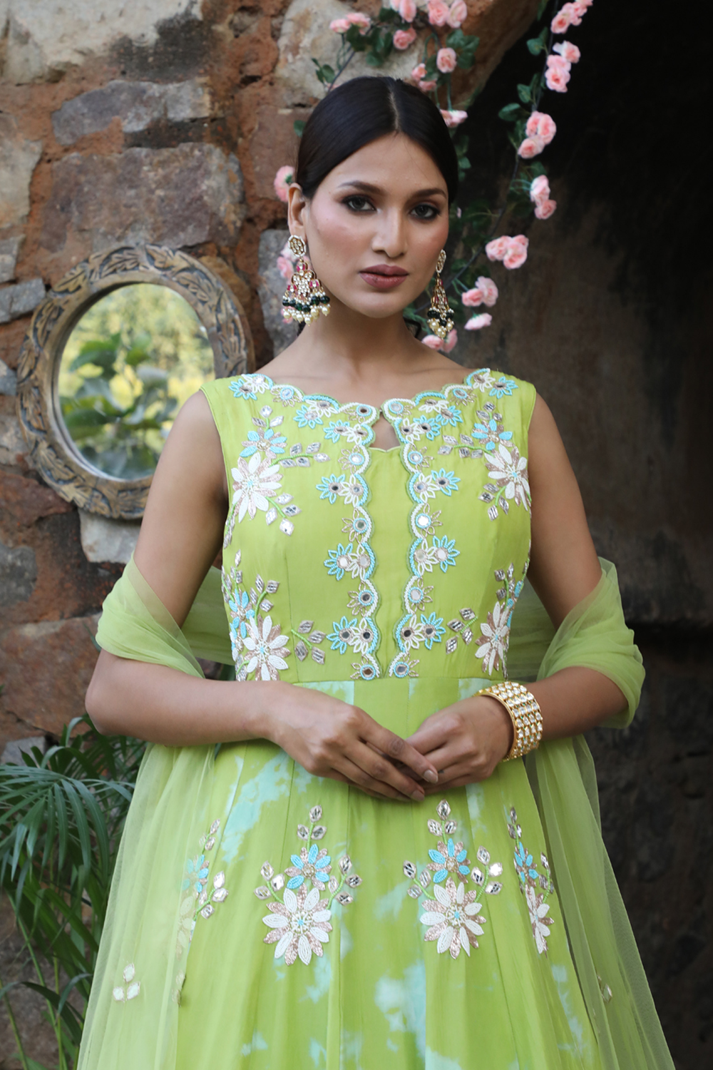 Green And Aqua Blue Tie-Dye Anarkali Set