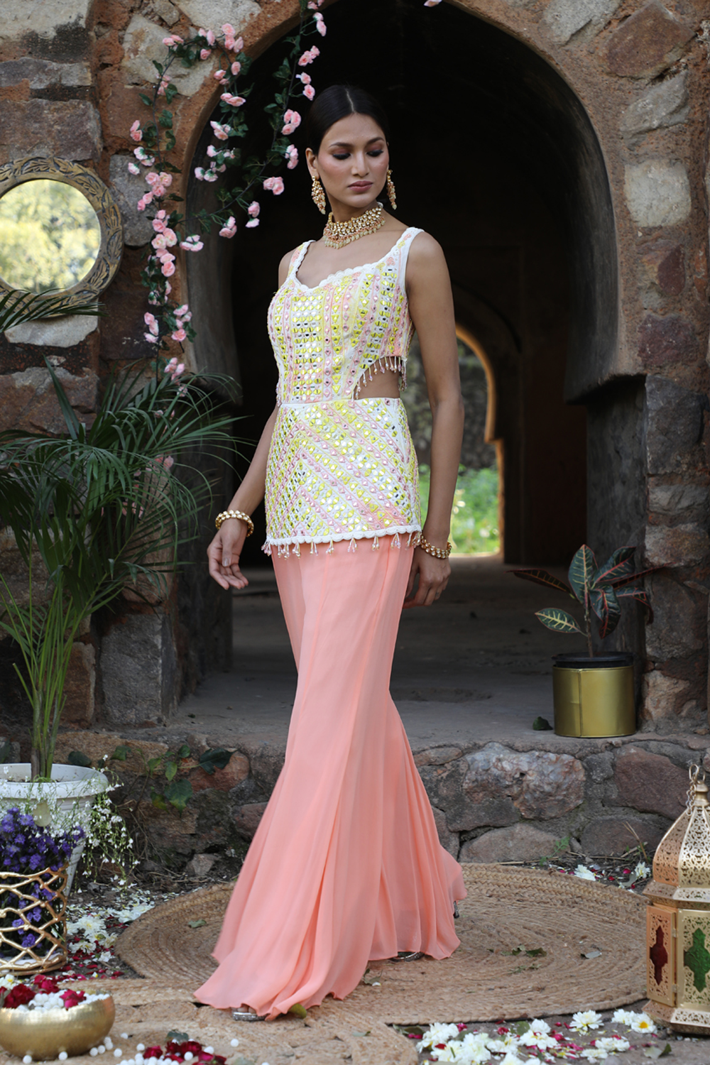 Peach And Yellow Tie-Dye Side Cut Peplum With Inserted Sharara Set
