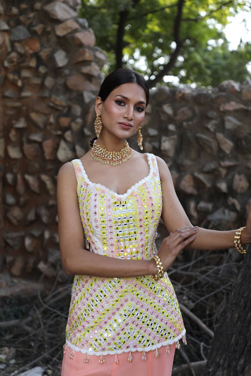 Peach And Yellow Tie-Dye Side Cut Peplum With Inserted Sharara Set