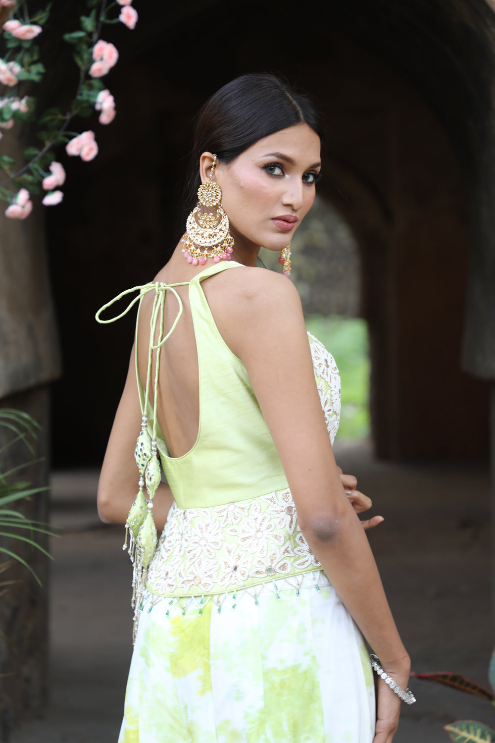 Off White And Mint Green Tie-Dye Sharara Set With Peplum