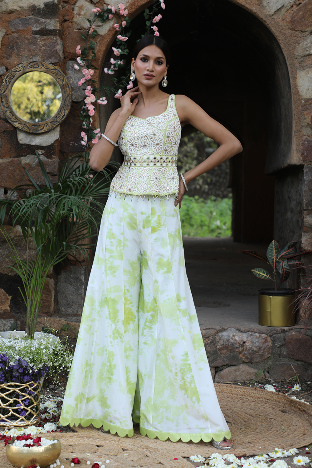 Off White And Mint Green Tie-Dye Sharara Set With Peplum