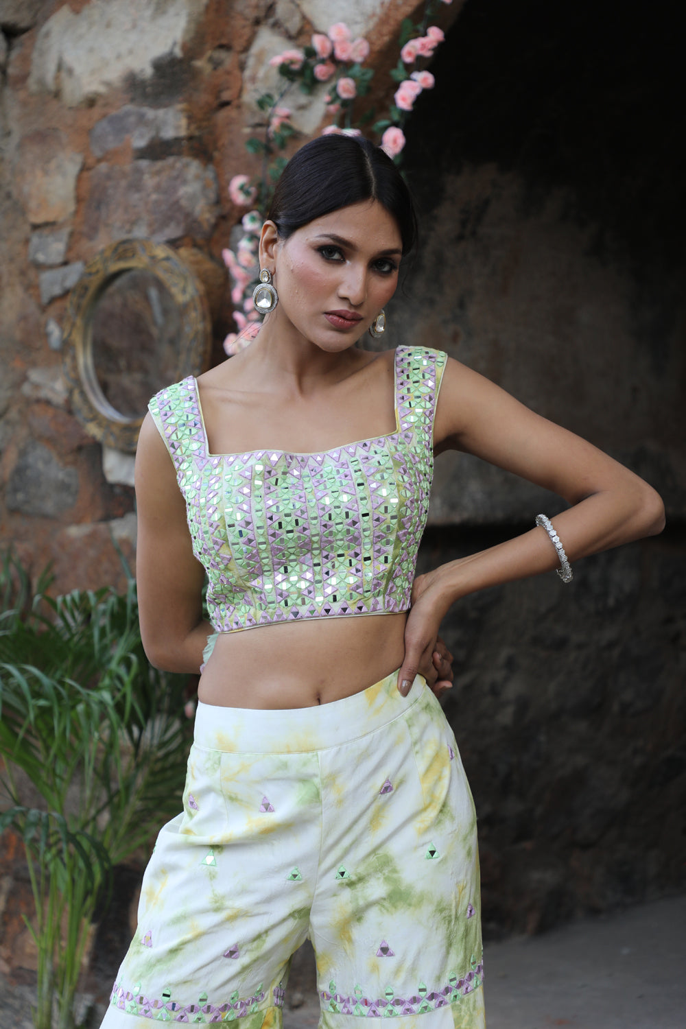 Off White With Green And Yellow Tie-Dye Garara Set With Bustier