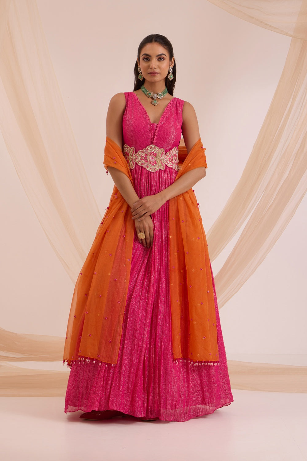Fuscia Pink Anrkali With Detachable Belt & Dupatta