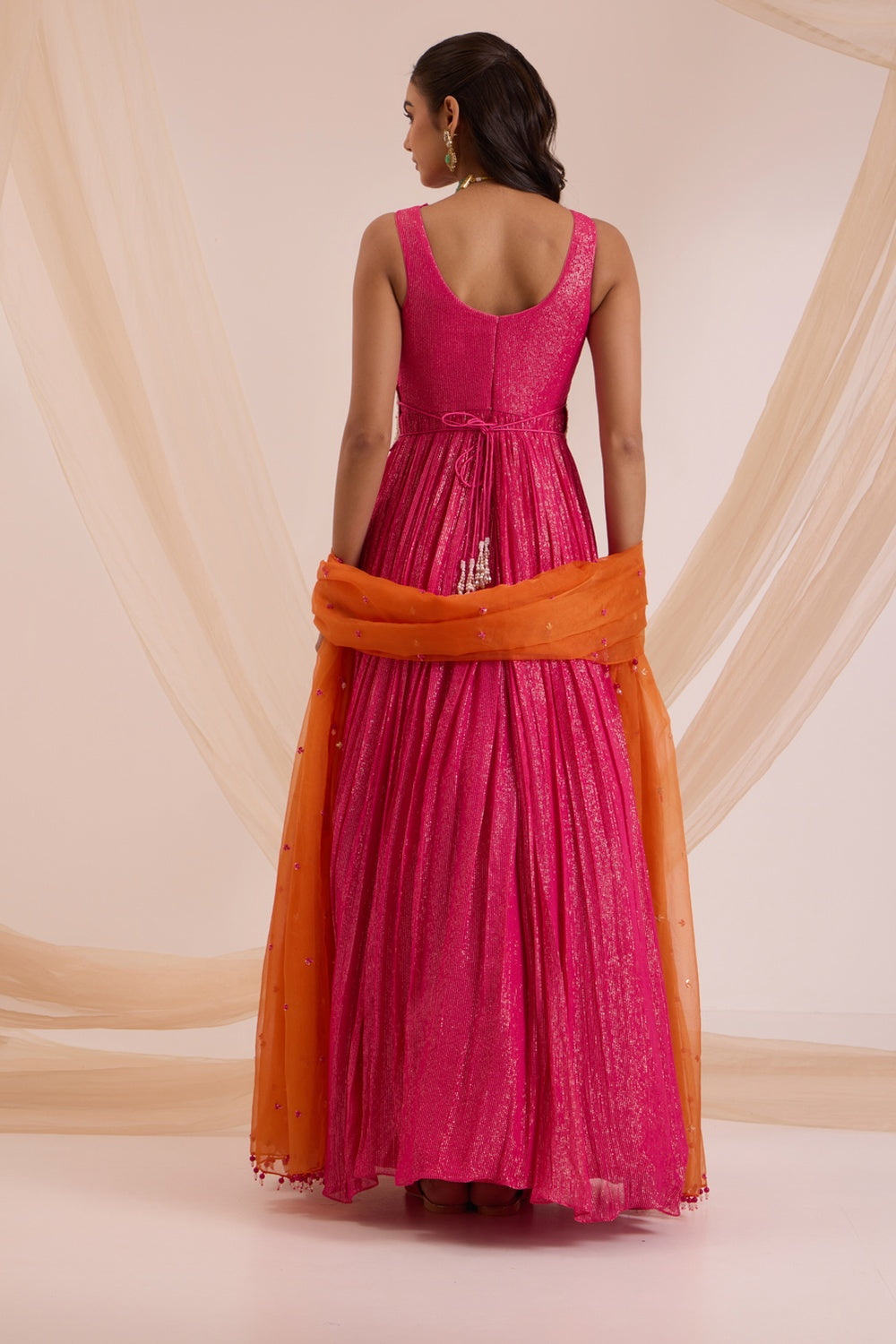 Fuscia Pink Anrkali With Detachable Belt & Dupatta