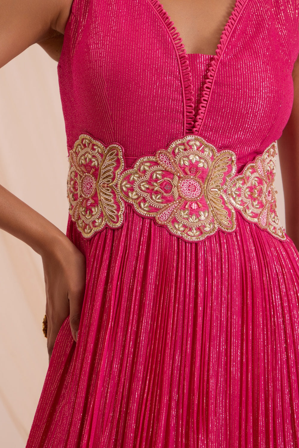 Fuscia Pink Anrkali With Detachable Belt & Dupatta