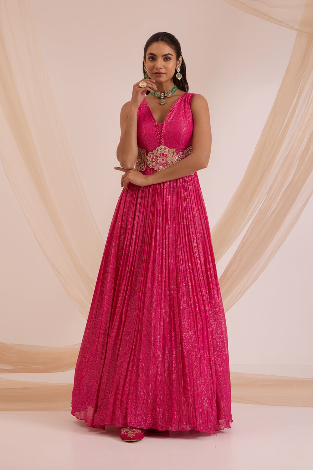 Fuscia Pink Anrkali With Detachable Belt & Dupatta